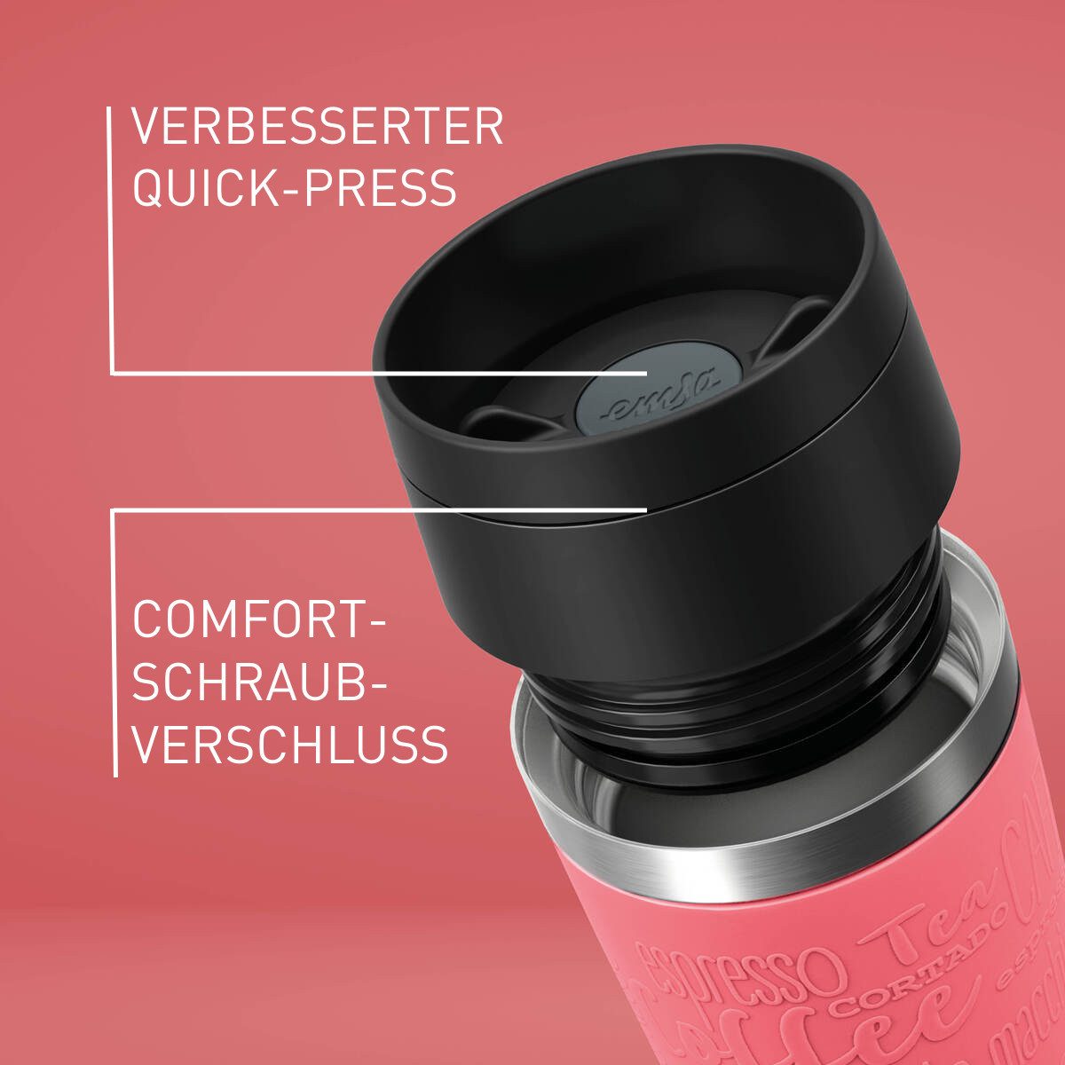 Emsa Thermobecher Travel Mug Classic, mit 360°-Trinköffnung, auslaufsicher, rutschfest, Edelstahl, Kunststoff, Silikon, 4h heiß, 8h kalt - 360 ml / 6h heiß, 12h kalt - 500 ml, 100% dicht