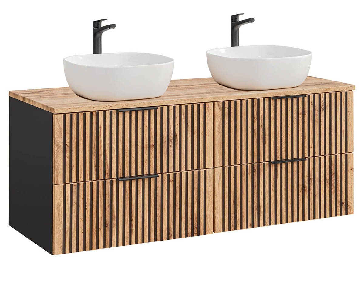einfachgutemoebel Waschtisch-Set Bad Doppelwaschplatz Tribune 160cm, 2x Becken, Schwarz - Wotan-Eiche, (Badmöbel Set, 1-St., Waschtisch Unterschrank)