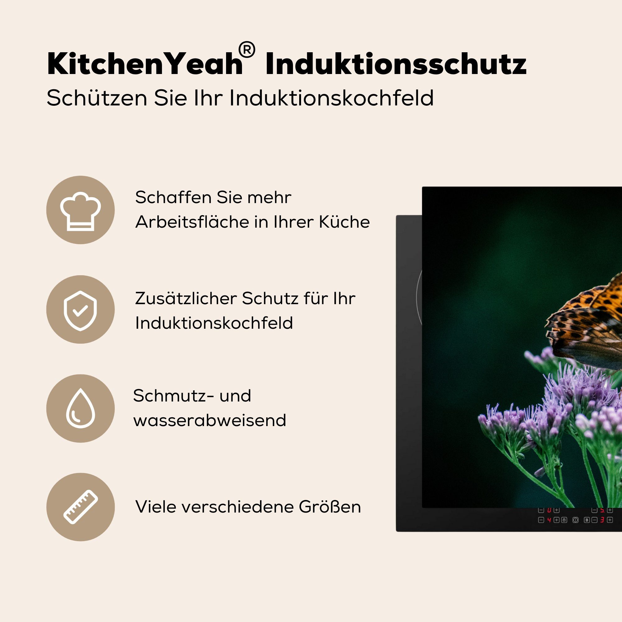 MuchoWow Herdblende-/Abdeckplatte Blumen - Schmetterling Porträt, Ceranfeldabdeckung Vinyl, - (1 Induktionskochfeld 81x52 die Schutz cm, tlg), für küche