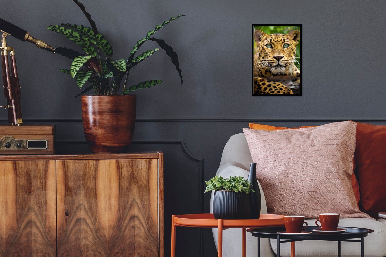 MuchoWow Poster Panther - Dschungel - Grün, (1 St), Gerahmtes Poster, Wanddeko, Bilder, Wandposter, Schwarzem Bilderrahmen