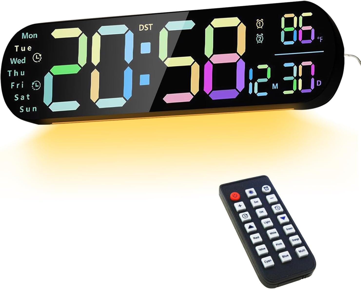 Luckice Wanduhr Digital-Wanduhr mit Fernbedienung, Timer & RGB-Nachtlicht (Automatische Helligkeitsanpassung, Dual-Alarm, moderne Wanduhr)