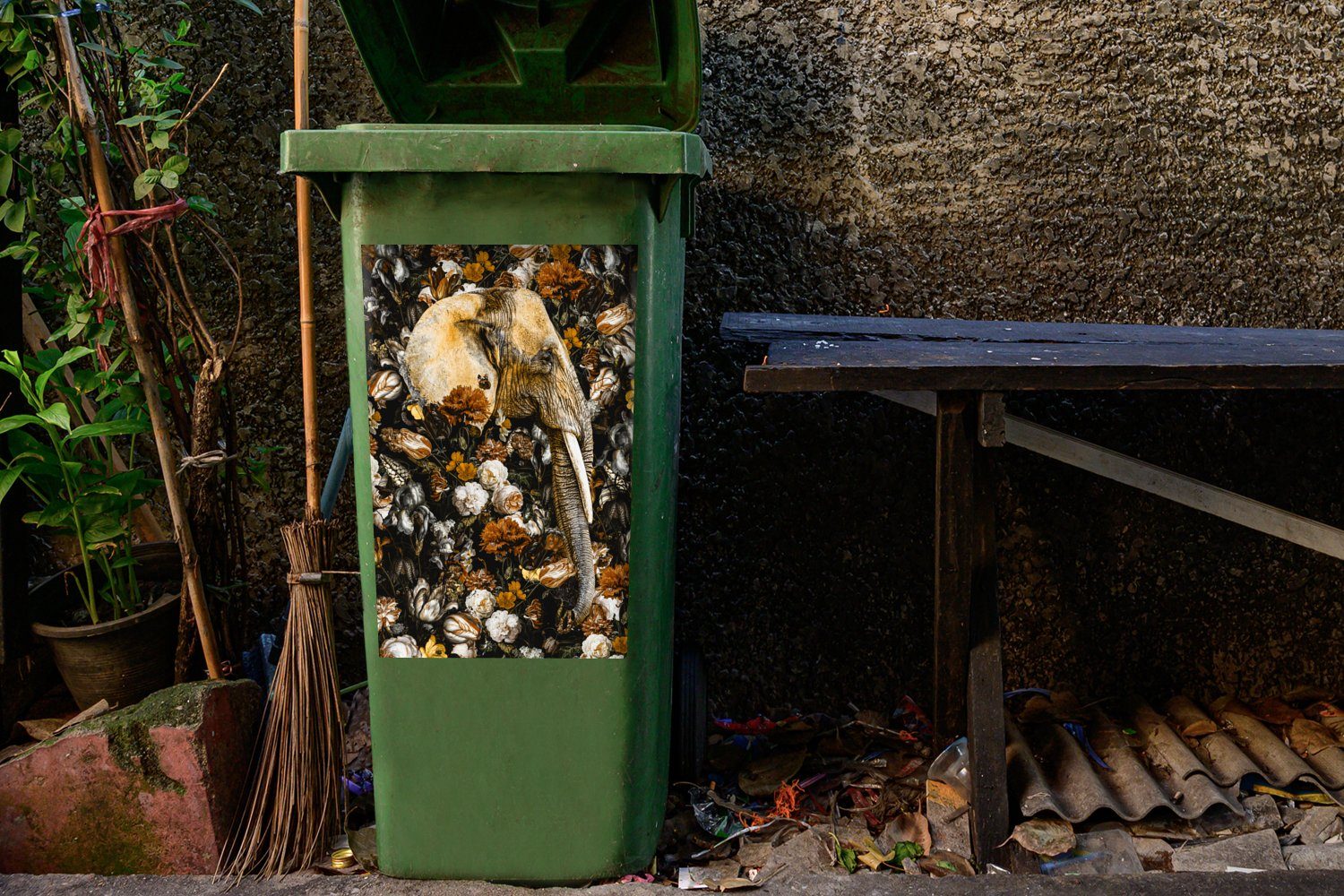 Sticker, Blumen - Mülleimer-aufkleber, Container, Braun Elefant Abfalbehälter Mülltonne, (1 MuchoWow St), Wandsticker -