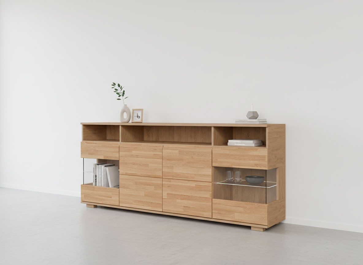 OTTO home Sideboard VETRO Teilmassiv, Fronten Massivholz, Wohnzimmer, Stauraum,Griffmulde, B/T/H:199/40/85cm, 3 offene Fächer, 6geschlossen Fächer, Stauraum