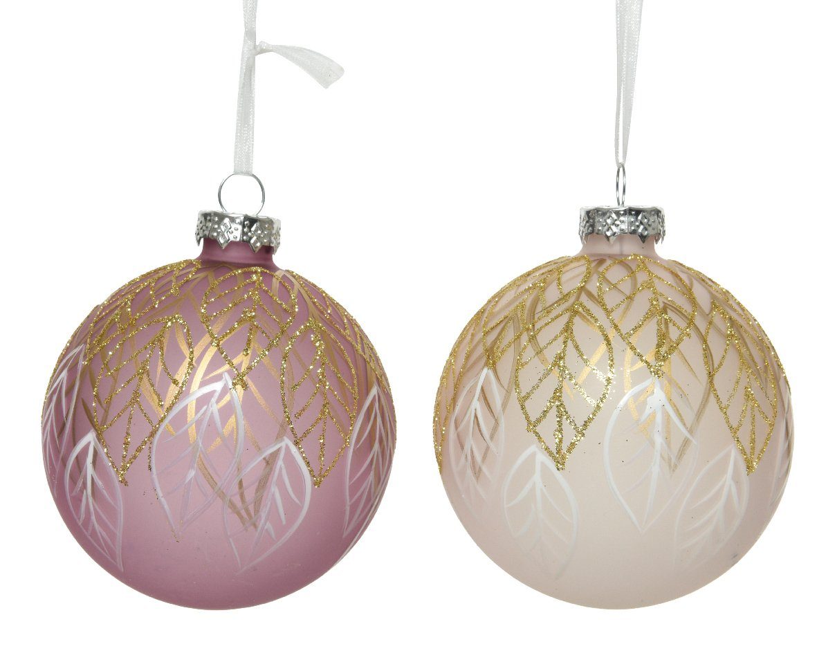 Weihnachtsbaumkugel, mit Motiv Set / Glas Weihnachtskugeln rosa season 12er 8cm Blätter decorations Decoris altrosa