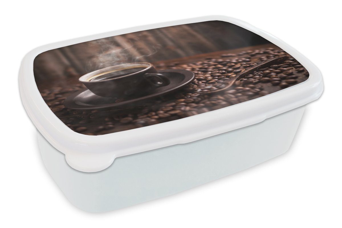 MuchoWow Lunchbox Kaffee - Heiß - Kaffeebohnen, Kunststoff, (2-tlg), Brotbox für Kinder und Erwachsene, Brotdose, für Jungs und Mädchen weiß