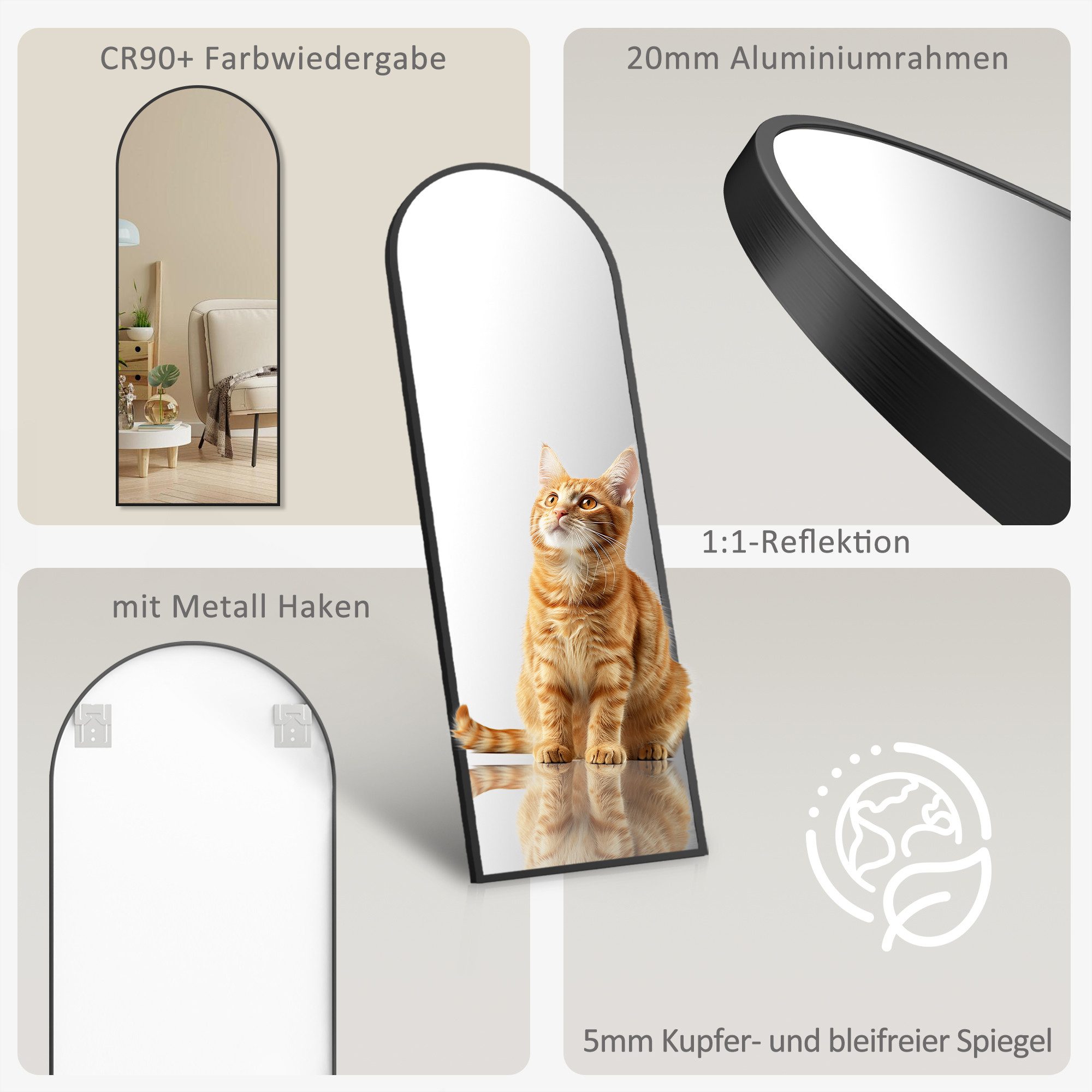 Hopibath Wandspiegel Flur modern Flurspiegel Oval (Ganzkörperspiegel Hängespiegel, 180x80, 160x50, 150x50, 140x40, 80x60, 70x50cm), für Wohnzimmer Schlafzimmer Bad Hotel