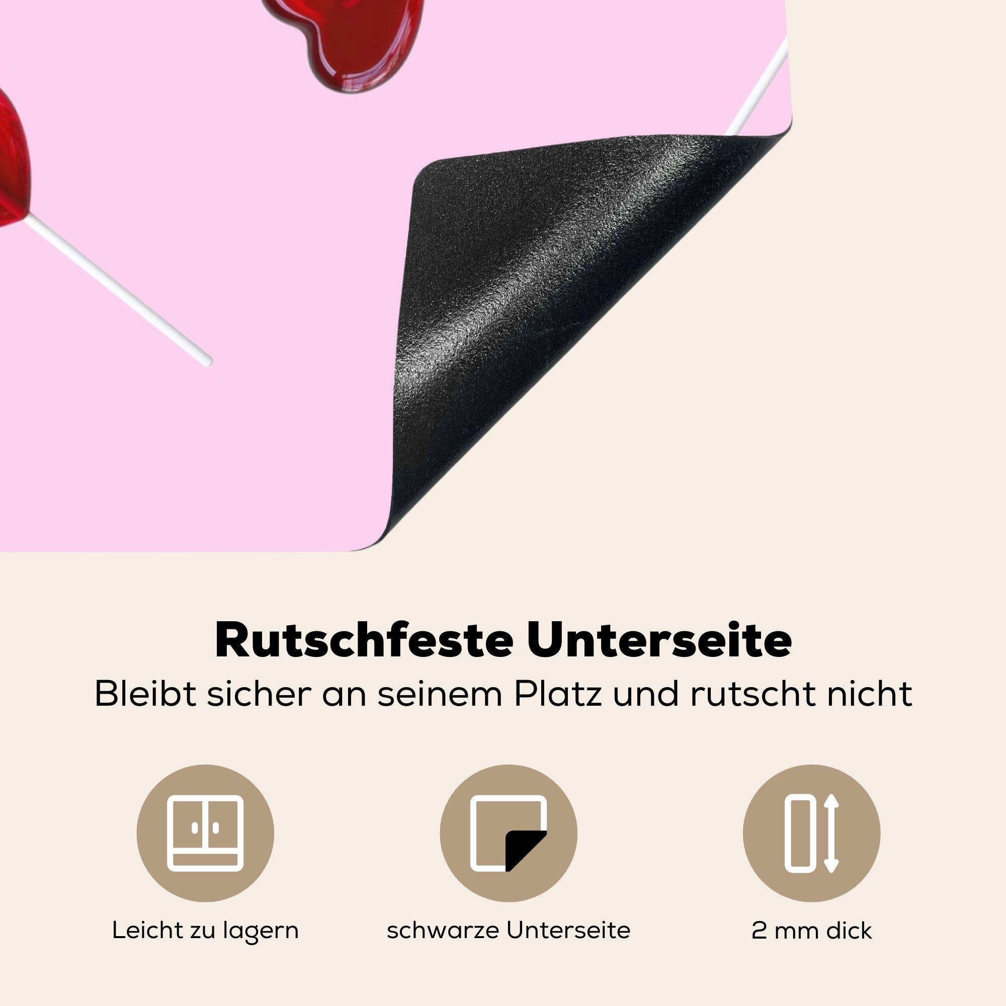 MuchoWow Herd-Abdeckplatte Rosa - Herz - Lutscher - Bonbon, Vinyl, (1 tlg), Küche Herdabdeckung Ceranfeld Induktionsfeld Vinyl, 65x50 cm