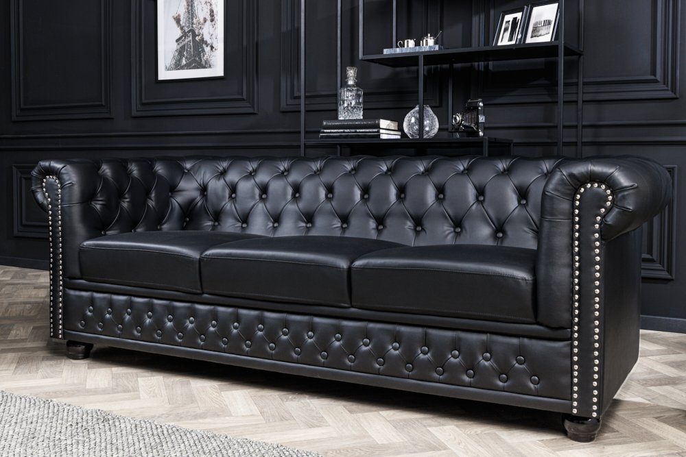 riess-ambiente · Holz 1 3-Sitzer · · Wohnzimmer Sofa Federkern CHESTERFIELD · Einzelartikel Teile, 205cm Design Kunstleder schwarz, ·