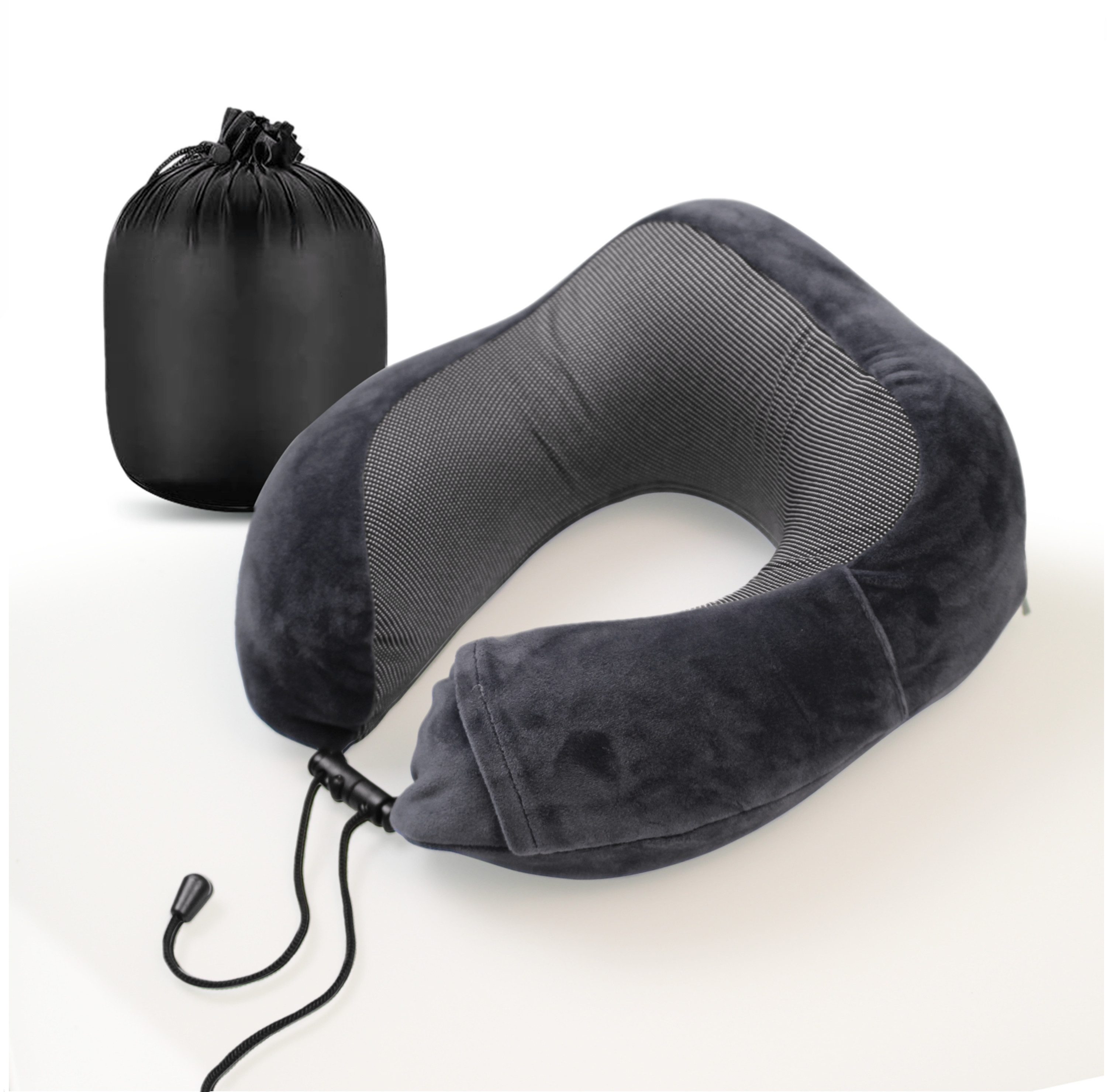 Cozyor Nackenstützkissen Memory Nackenkissen mit verstellbarem Verschluss + praktischer Tasche, Bezug: waschbarer Bezug, Set, Nackenhörnchen zum Reisen, klein & kompakt, anthrazit dunkelgrau, auch im Reise-Set mit Reisedecke & Augenmaske erhältlich