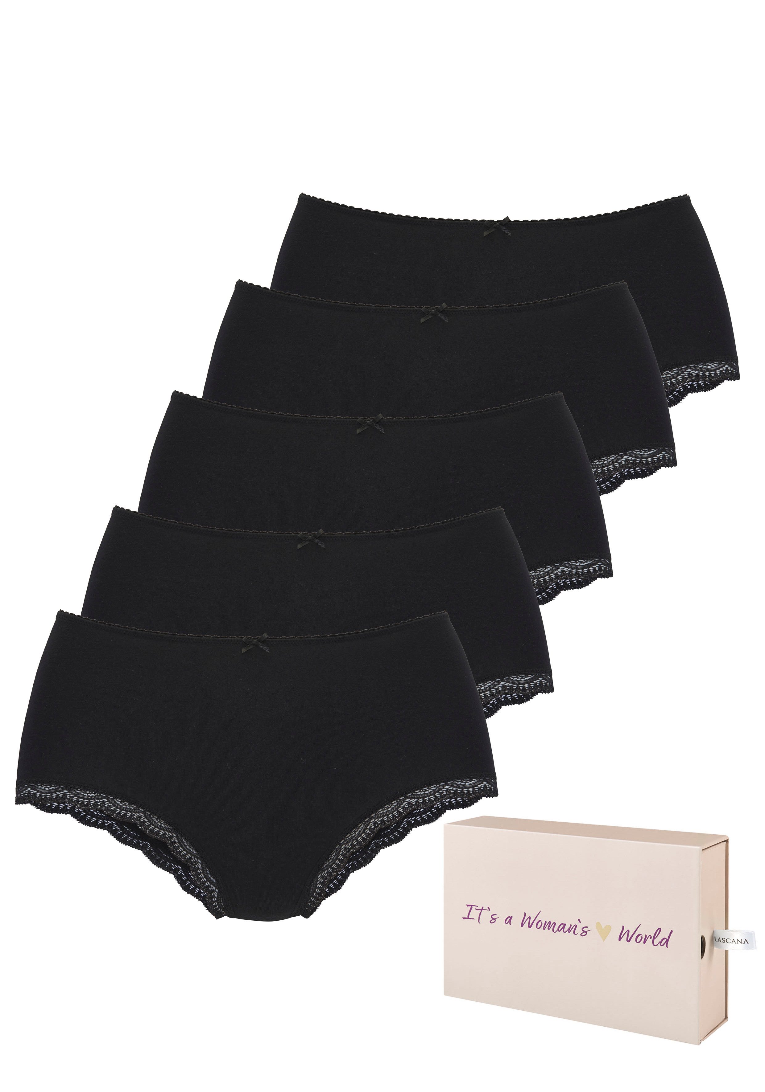 LASCANA Taillenslip (5er-Pack) aus elastischer Baumwolle mit zarter Spitze, mit Aufbewahrungsbox