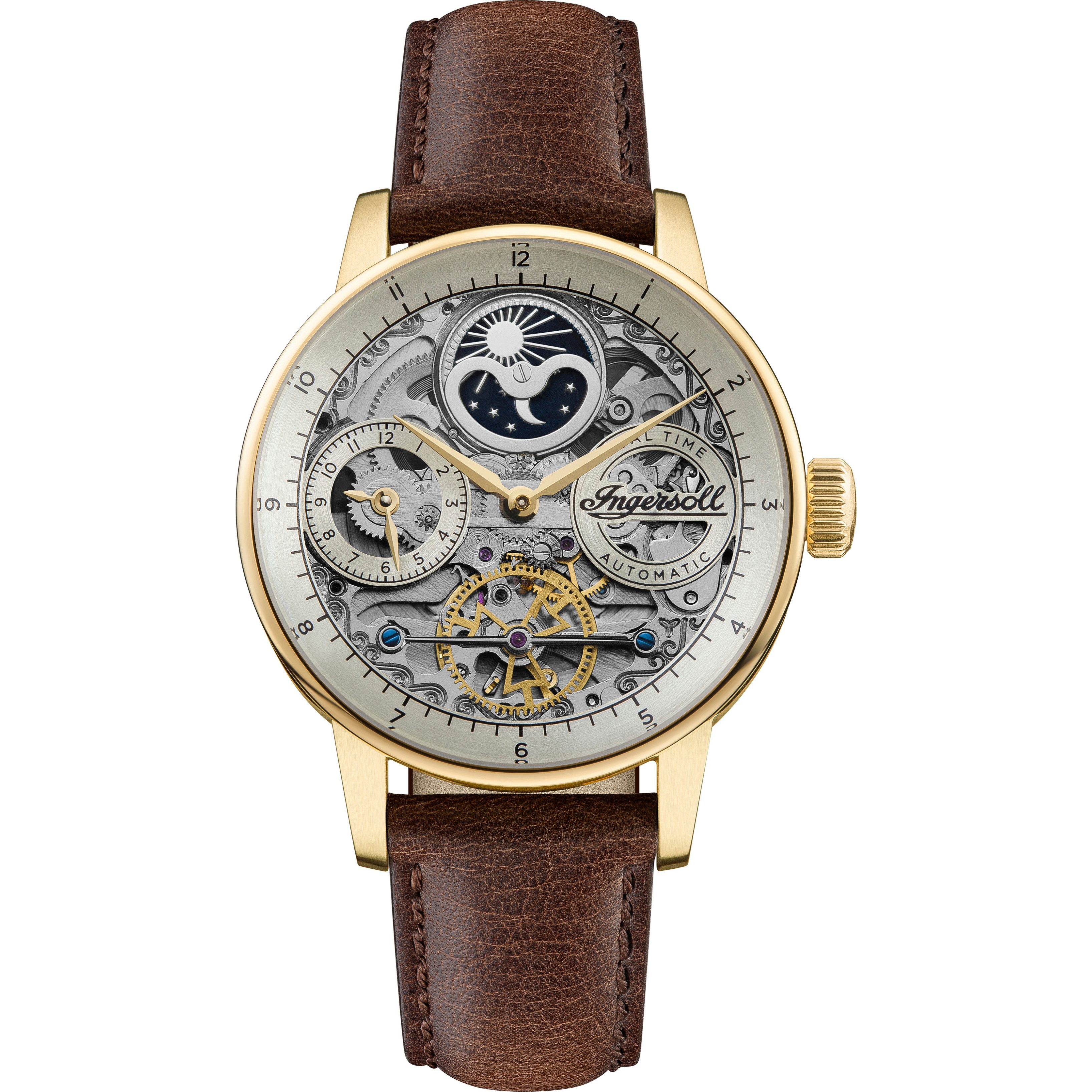 Ingersoll Automatikuhr The Jazz I07704, Armbanduhr, Herrenuhr, Mechanische Uhr, Lederarmband, analog, Dualzeit
