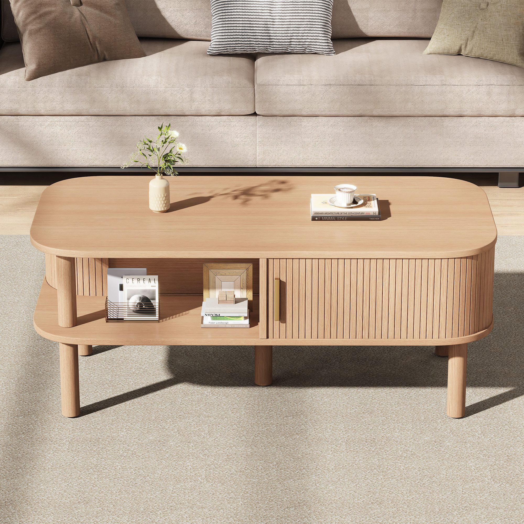 Merax Couchtisch in Holzoptik, Skandinavischer Beistelltisch Satztisch (1-St), Wohnzimmertisch mit Schiebetür, Stauraum & Holzbeinen, 110×55×45cm
