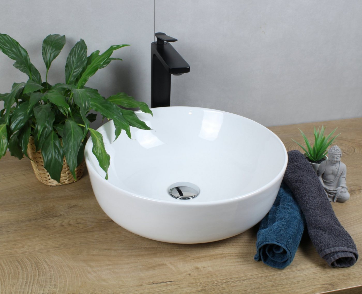 Thumbnail - HAGO Aufsatzwaschbecken Keramik Waschbecken rund Ø 400 x 135 weiß ohne Überlauf Aufsatzwaschbe