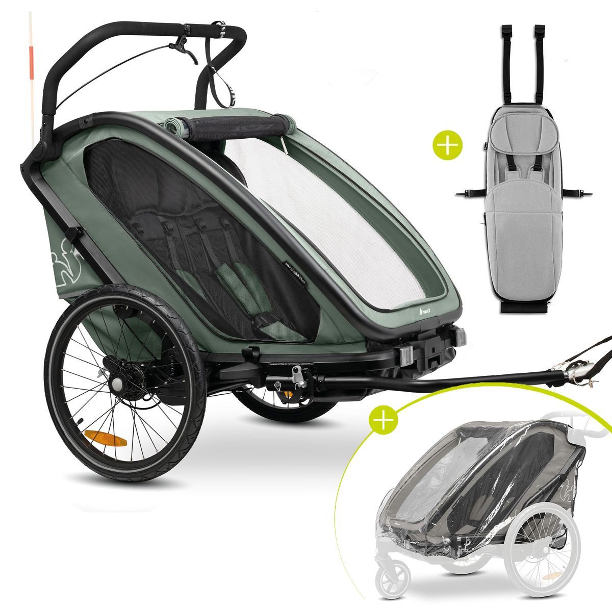 Hauck Fahrradkinderanhänger Bike N Walk Duo - Dark Green, 3in1 Fahrradanhänger Buggy für 2 Kinder inkl. Babysitz & Regenschutz