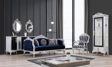 Casa Padrino Sessel Luxus Barock Sessel Blau / Silber / Gold 75 x 80 x H. 120 cm - Prunkvoller Wohnzimmer Sessel mit Streifen - Barock Wohnzimmer Möbel