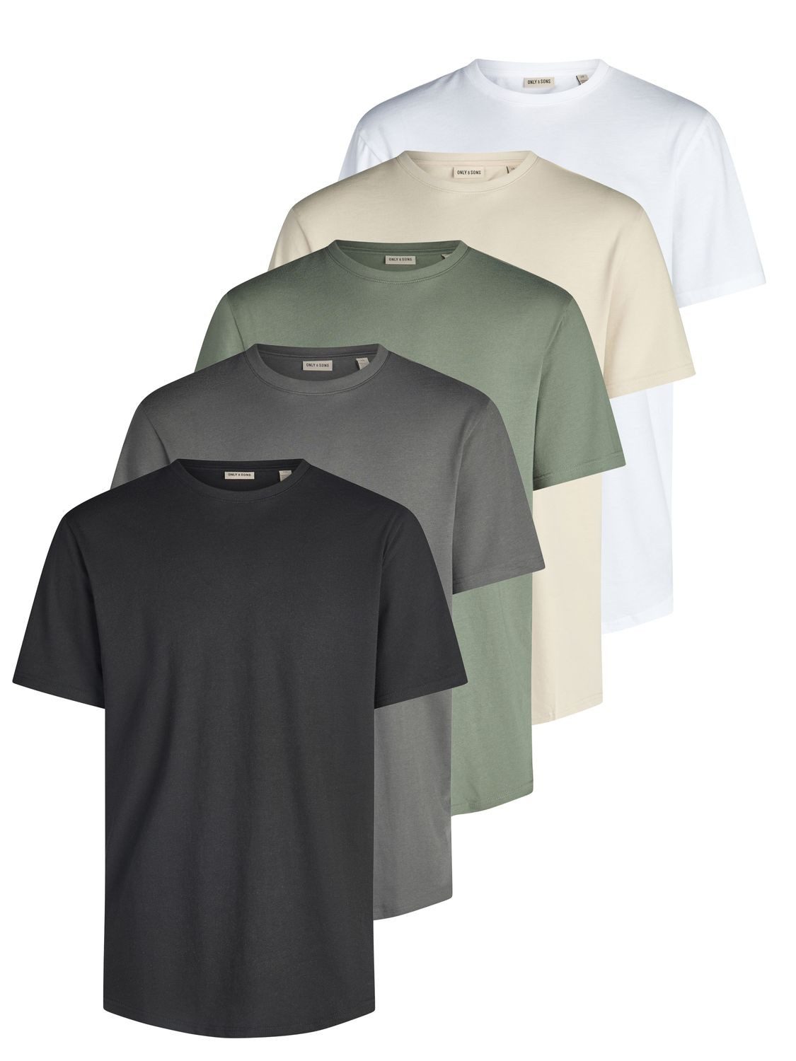 ONLY & SONS T-Shirt Herren Basic Shirt ONSJEFF LONGY 5er Pack Regular Fit (Vorteilspack, 5-tlg) Kurzarm Tee Shirt mit Rundhalsausschnitt aus 100% Baumwolle