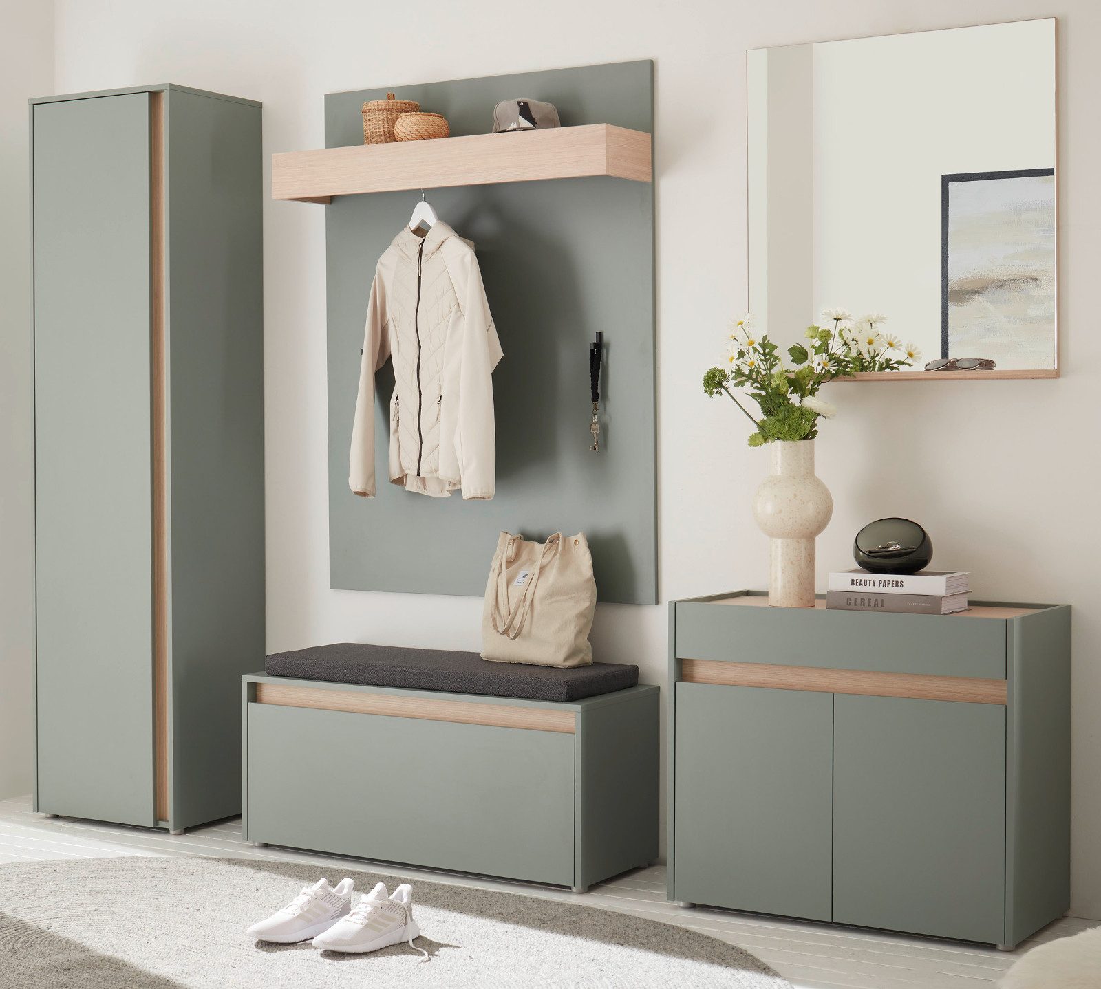 Furn.Design Garderoben-Set Center, (Flurgarderobe in Salbei Grün mit Eiche, 5-teilig, 260 x 200 cm), inklusive Sitzkissen