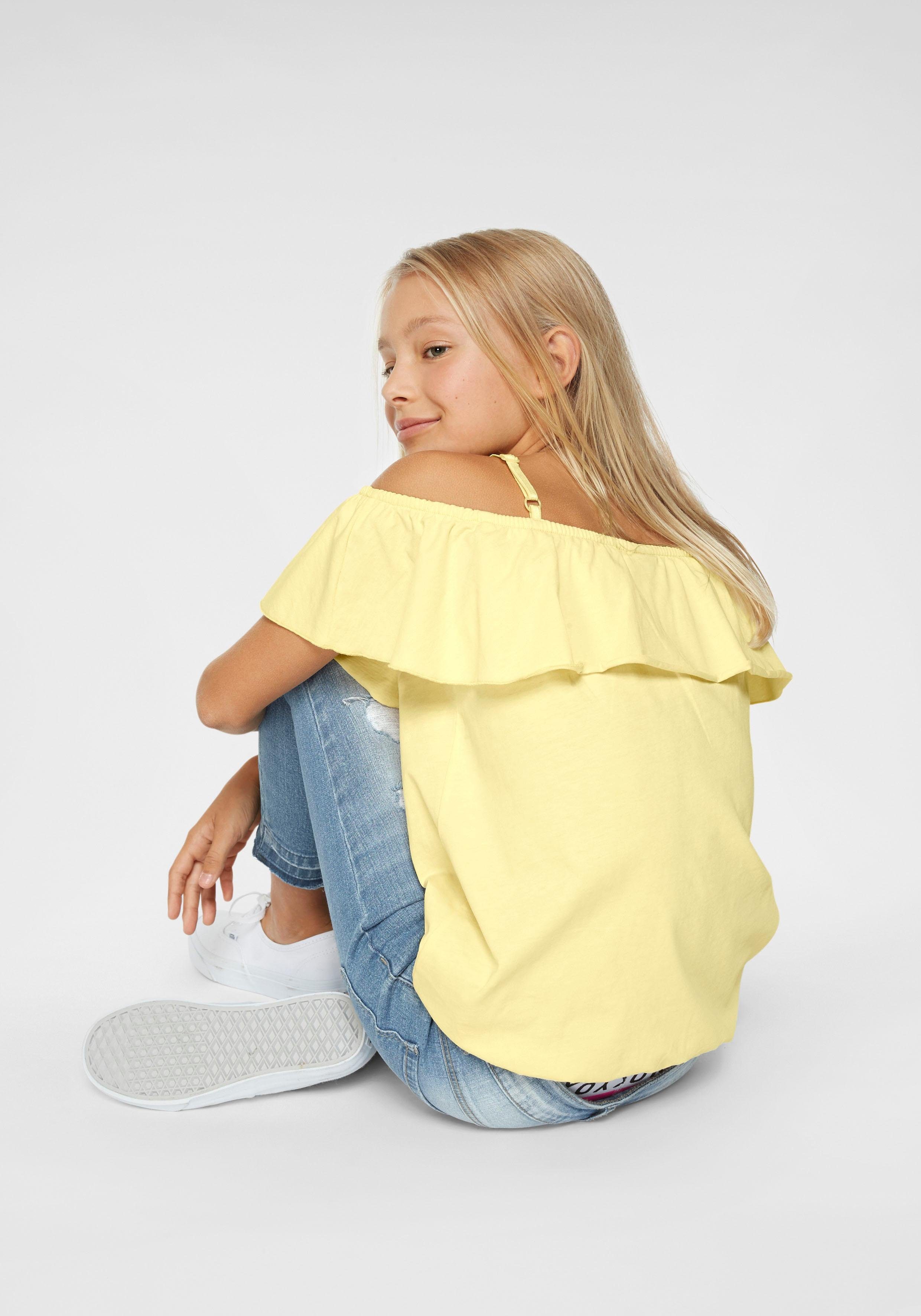 KIDSWORLD T-Shirt Volant-Shirt Kurzarm, weite Passform, Carmenausschnitt, aus Jerseystoff
