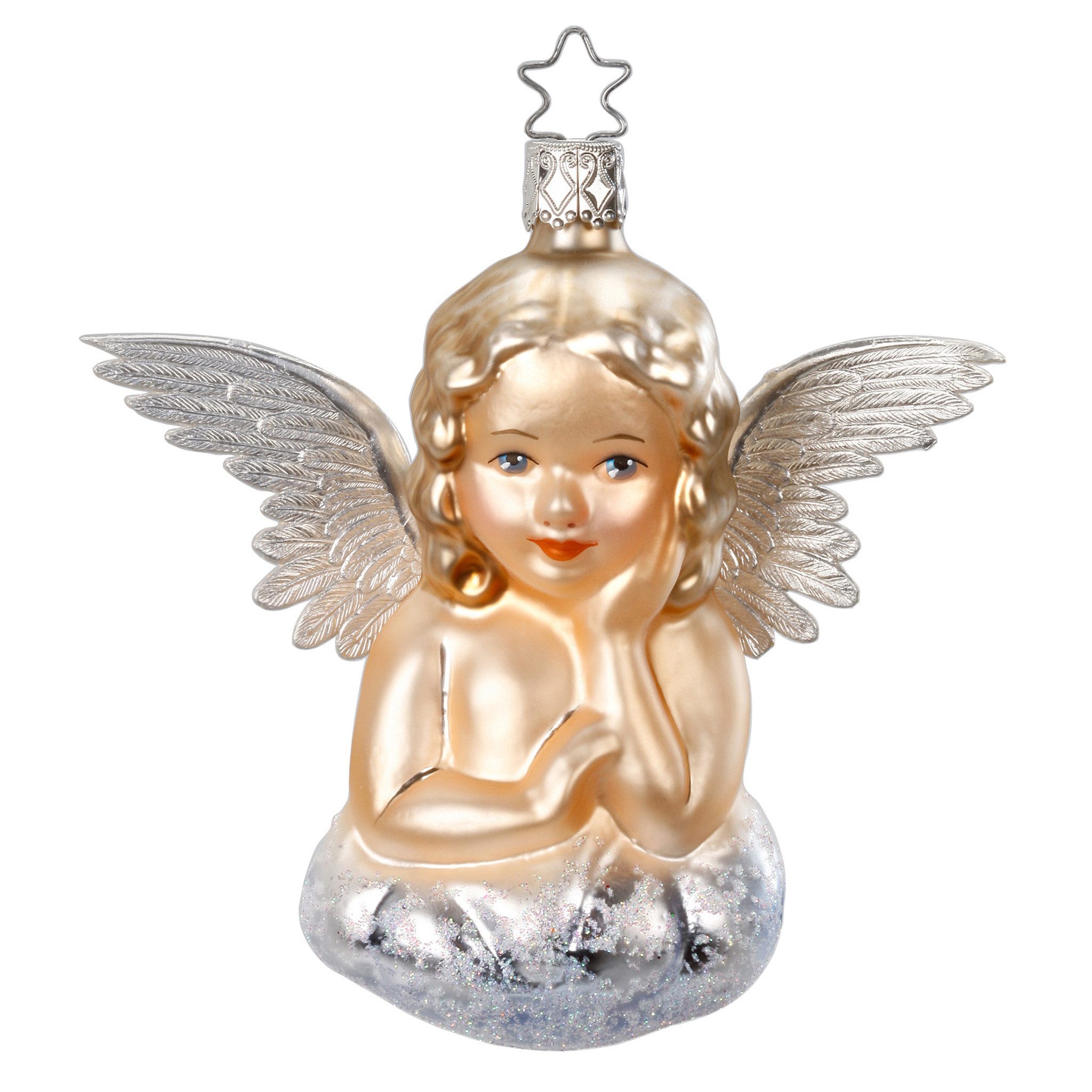 INGE-GLAS® Christbaumschmuck, Christbaumschmuck Engel auf Wolke Glas 11cm beige, 1 Stück
