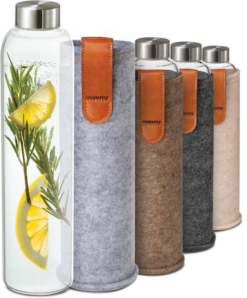 Cosumy Trinkflasche Trinkflasche aus Glas mit Filzbeutel 750ml - Spülmaschinenfest, Hellgrau - BPA-freie Wasserflasche - für Kohlensäure geeignet