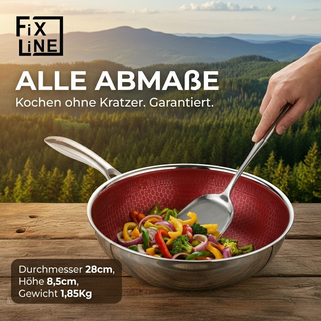 FIXLINE Wok Pfanne 28cm BLACK FOREST Edition Kratzfeste Beschichtung Induktion, Edelstahl (Einzel, 1 Wok Pfanne), Perfekte Geschenk Idee
