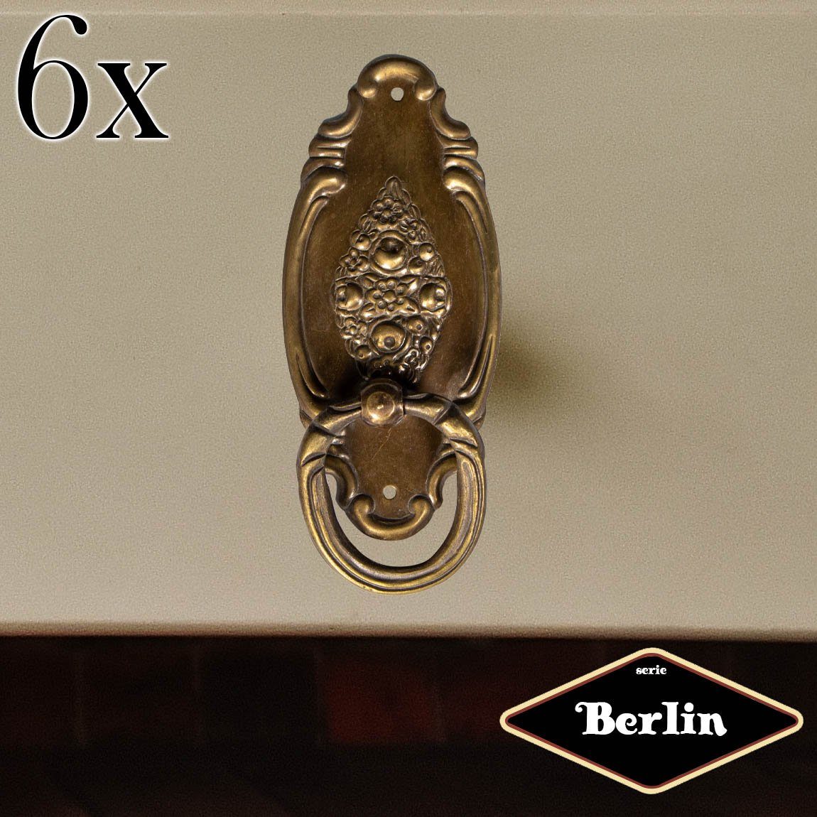 Möbelbeschlag Schubladengriff mit Griff, Eisen in Antikmessing, Serie "München", 6er