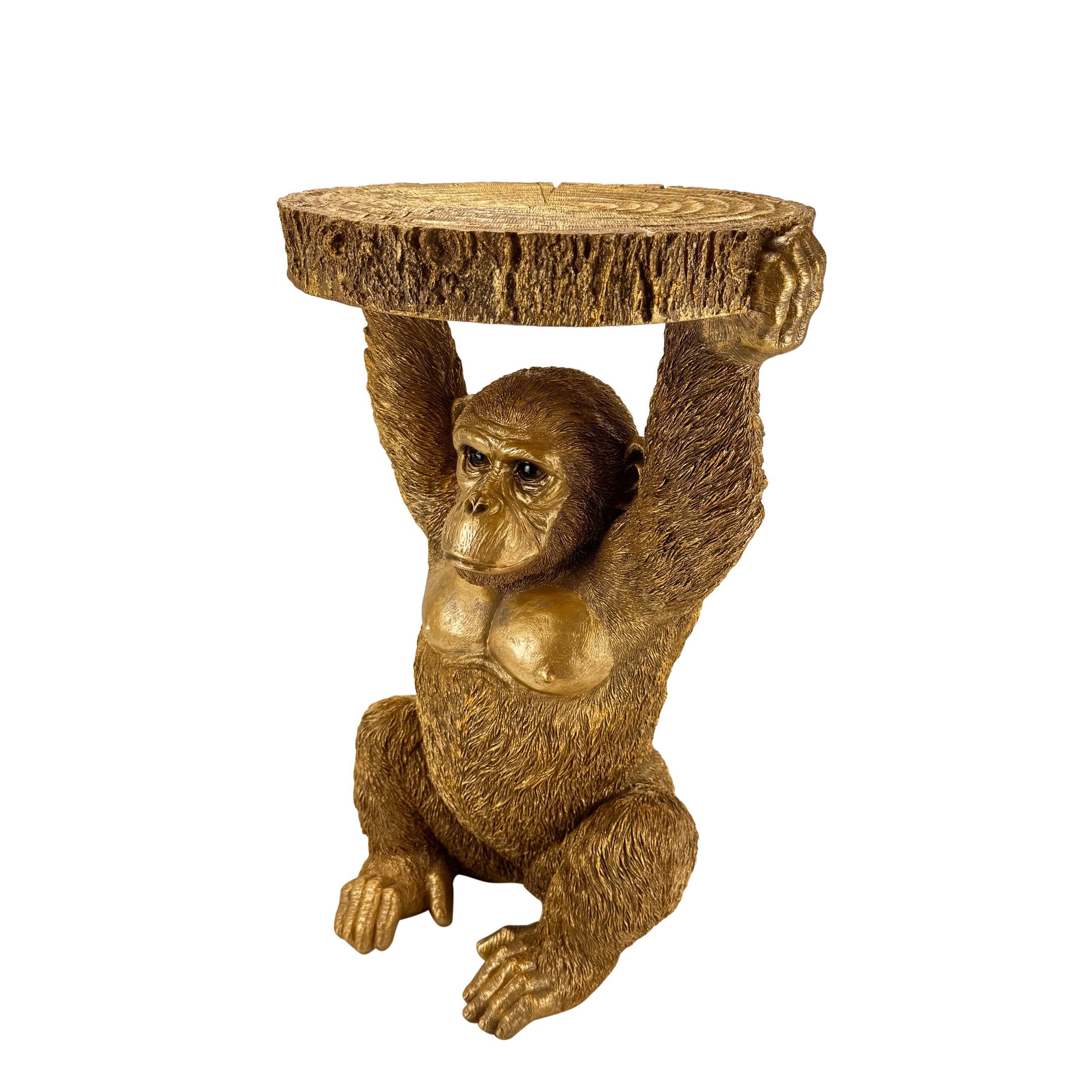 Online-Fuchs Beistelltisch goldener Affe mit runder Baumscheibe in Holz Optik - ideal für Sofa (53 cm groß, Outdoor geeignet), als Sofatisch, Nachttisch oder auch Gartentisch einsetzbar