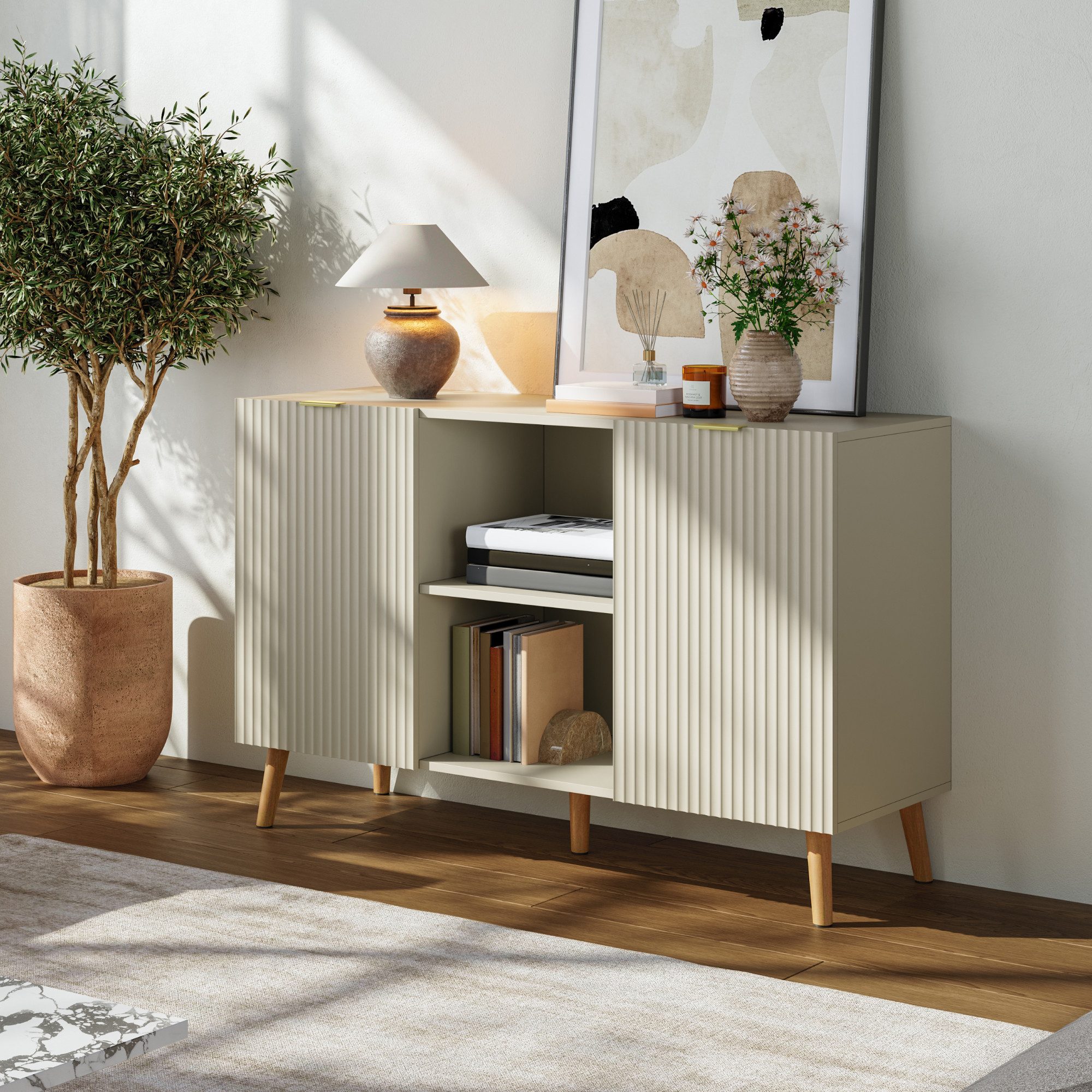 en.casa Sideboard, »Nand« mit 2 Türen und 2 Fächern 120x40x76 cm Sandfarben