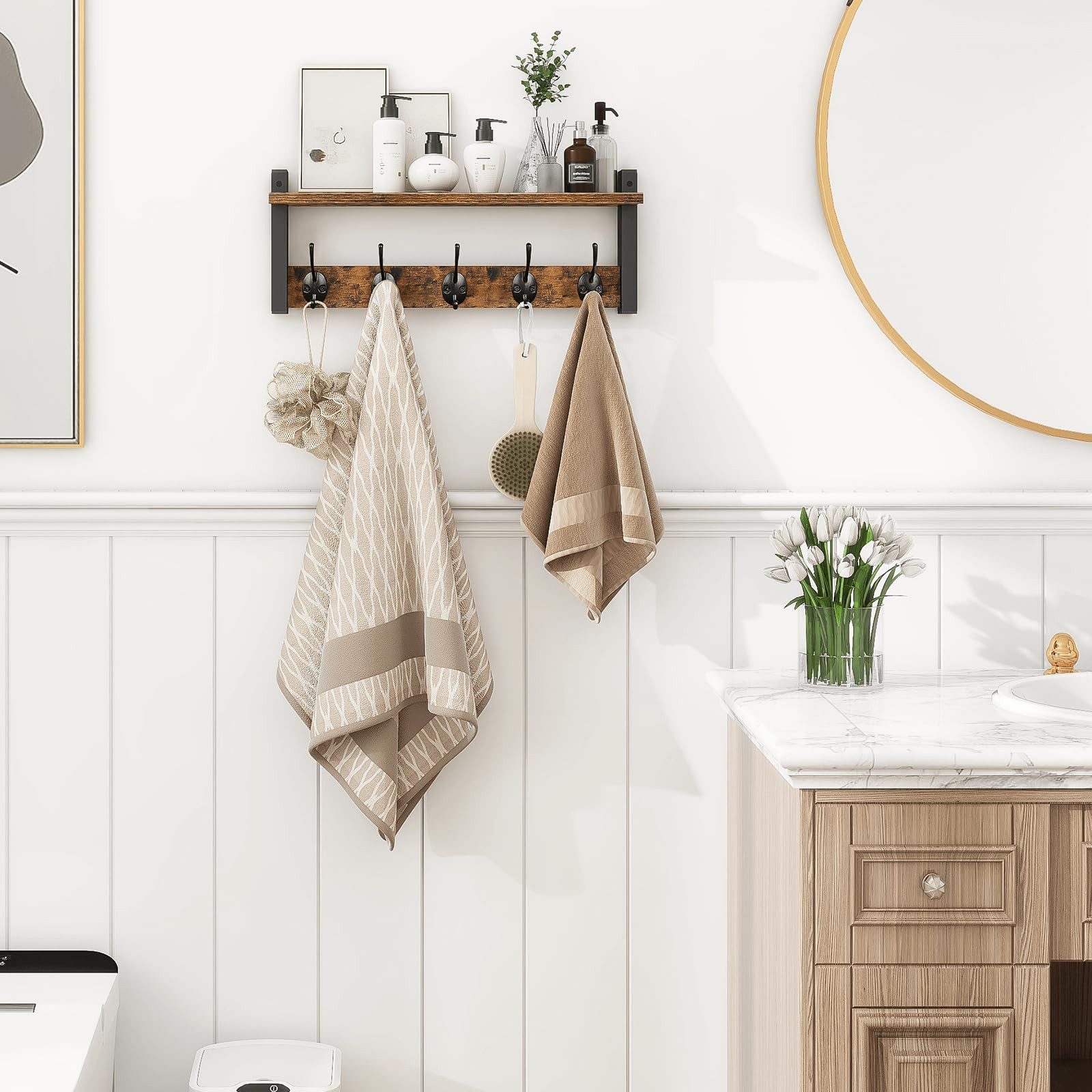 SURFOU Wandhaken Wandhaken mit Regal – Garderobenleiste Holz mit 5 Haken, Wandgarderobe, (Wandmontiertes Garderobenpaneel aus Holz & Metall (braun/schwarz) – Für Flur, Kinderzimmer & Bad, inkl. Montagematerial, 1-St., 41,5 cm Garderobe, Schlüsselbrett, 11,5 cm tiefe Ablagefläche), Stabil, langlebig und einfach zu montieren