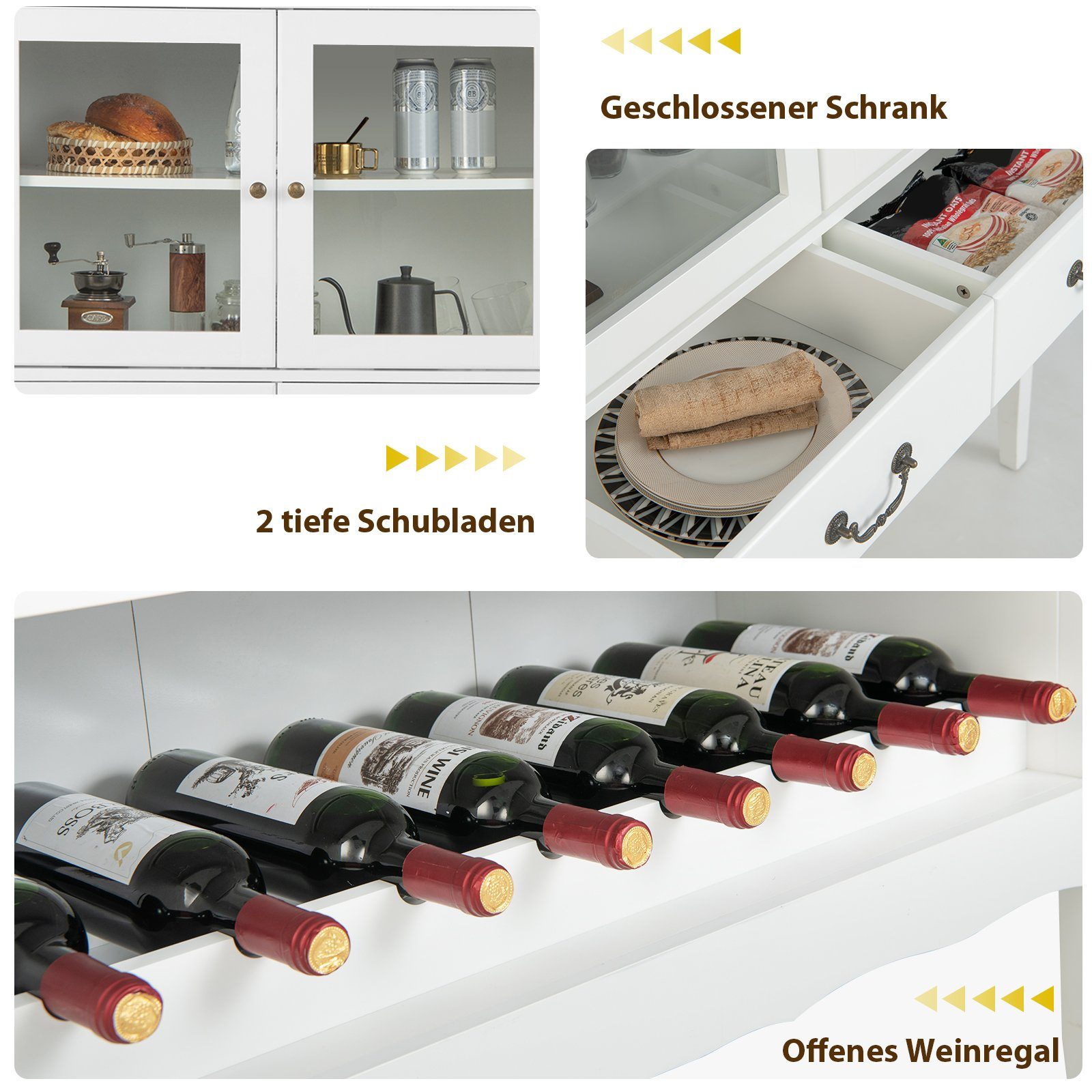 COSTWAY Weinschrank Küchenschrank Holz, mit Glastür & Schublade, weiß 126,5cm