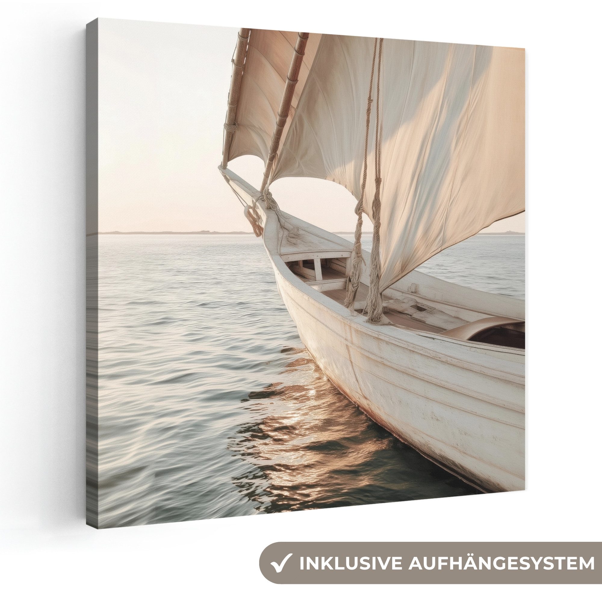 OneMillionCanvasses® Leinwandbild Segelboot - Meer - Beige - Sonne, Fotodruck (1 St), Wandbild, Deko Schlafzimmer Wohnzimmer Flur 20x20 cm
