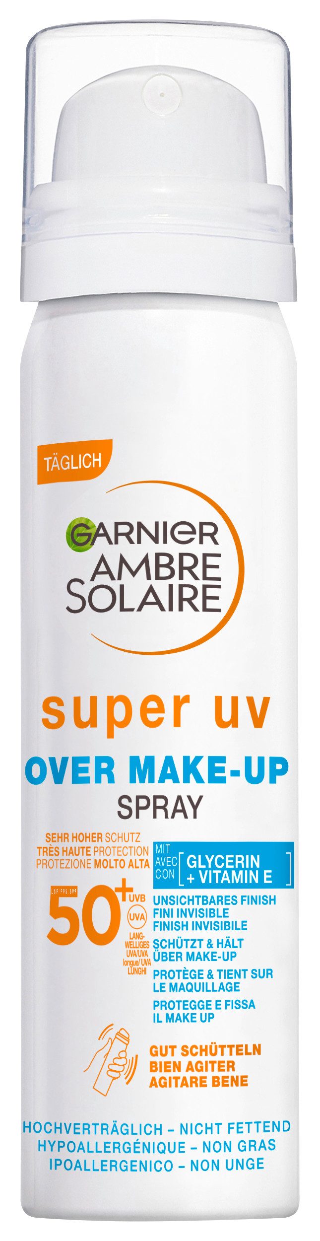 GARNIER Sonnenschutzspray AMBRE SOLAIRE SUPER UV OVER MAKE-UP SPRAY LSF 50, für das Gesicht, mit Hyaluronsäure