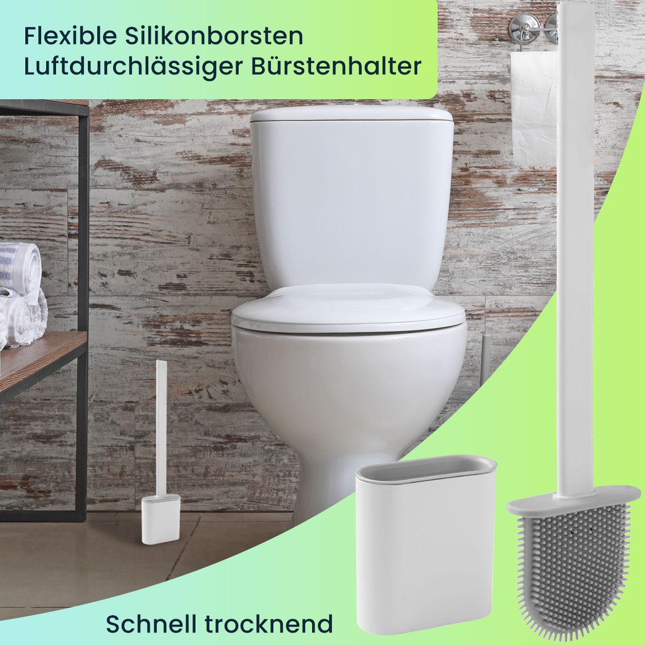 Casativo WC-Reinigungsbürste Silikon-WC-Bürsten Set grau/weiß & schwarz 2er/4er Toilettenbürsten, (4-tlg), luftdurchlässiger Bürstenhalter/Bürsten-Stiel: L 26 c – Bild 4 von 5