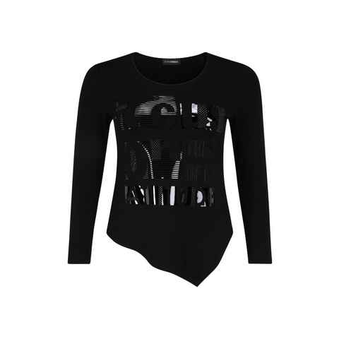 Doris Streich Longsleeve T-Shirt mit Glitzer-Steinchen, Wording und asymmetrischem Saum mit Ziersteinen