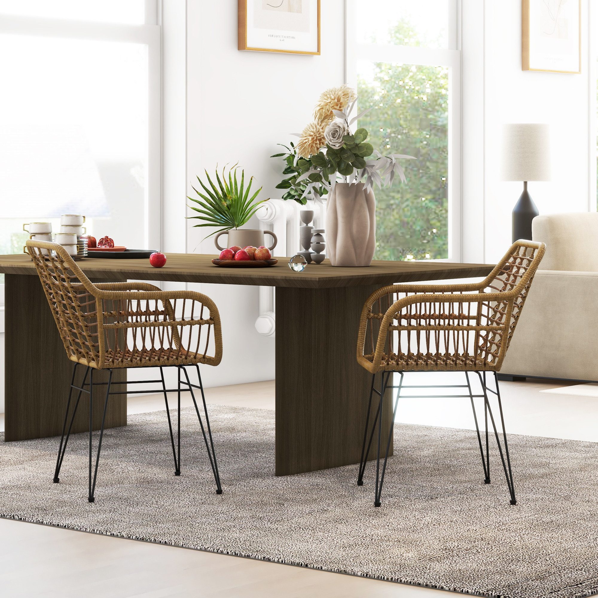 HOMCOM Esszimmerstuhl Küchenstuhl mit Rückenlehne, Kunstrattan-optik, Sessel (Essstühle, 2 St), Stahl Hellbraun+Schwarz 56 x 60 x 79 cm