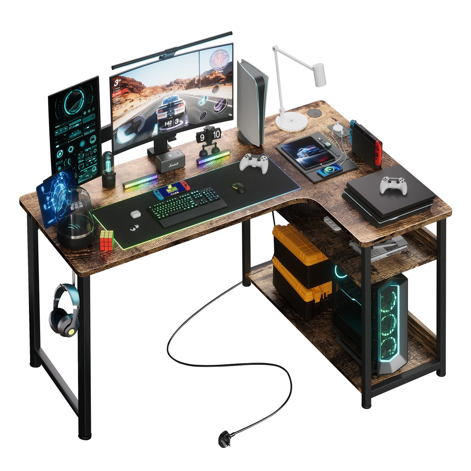 GTPLAYER Schreibtisch Gaming Tisch Eckschreibtisch mit Regal USB-Ladeanschluss und Steckdose (1 Tisch), 120/100cm Computertisch L Form, PC Tisch für Büro, Heimbüro