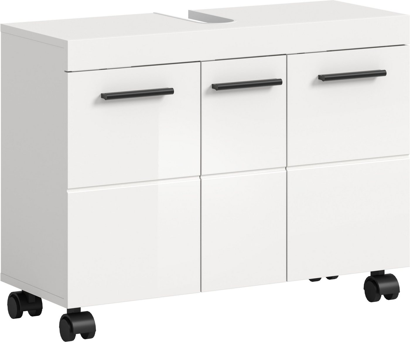 welltime Waschbeckenunterschrank AVON, Breite 80 cm, 3 Türen, 3 Einlegböden, 6 Fächer (mit Siphonausschnitt 22x8 cm, Rückwand mit Ausschitt) Badmöbel, Badschrank, Unterschrank, Waschtisch, Kommode, Bad