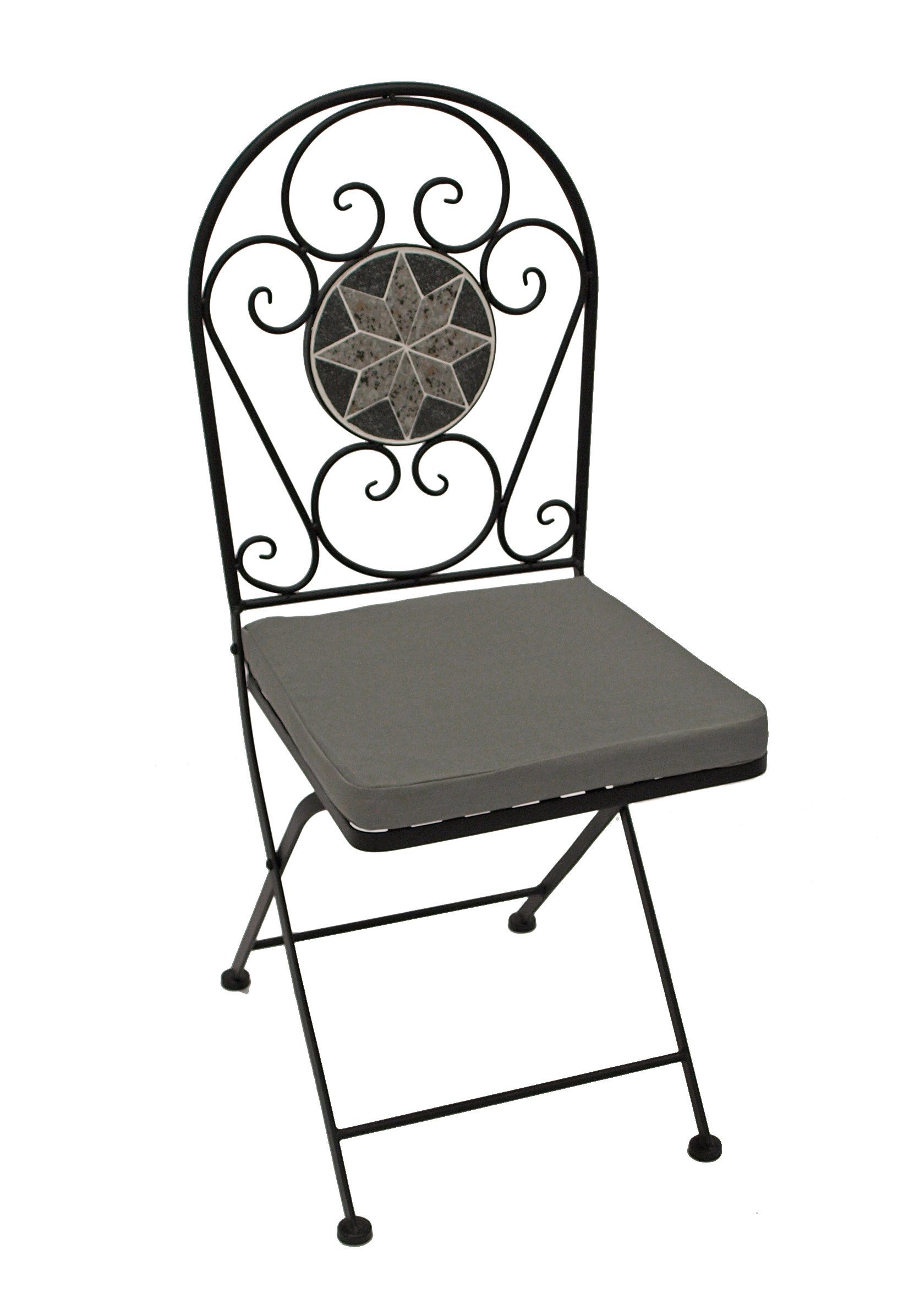 DEGAMO Garten-Essgruppe SIENA, (3-tlg), 2x Klappstuhl und 1x Tisch rund 60cm, Mosaik-Dekor grau, mit Polstern