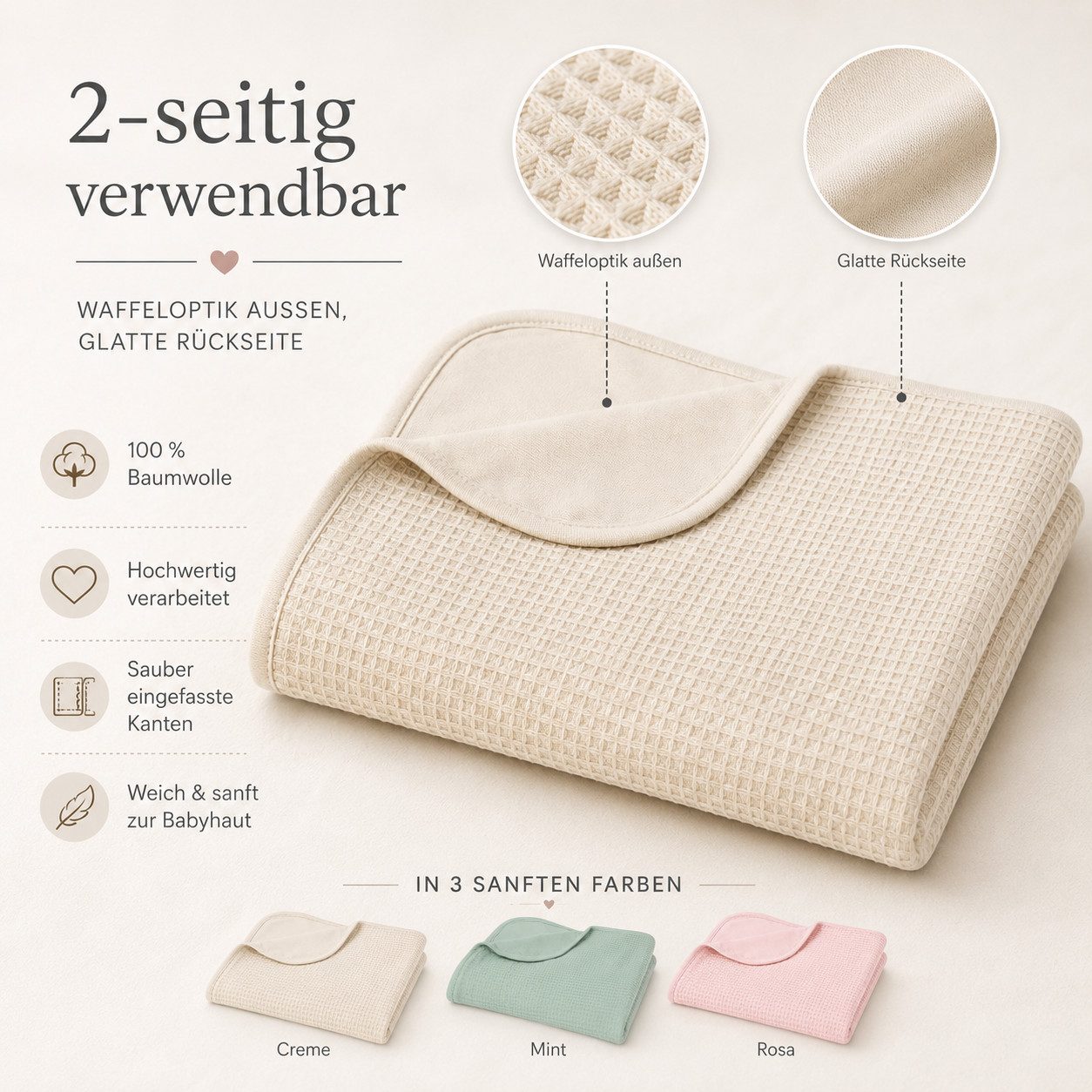 Babydecke Beige 80x100 cm aus Baumwolle – Creme, Waffeloptik, Kuscheldecke, soma, Wendedecke mit Waffeloptik Waffeldecke