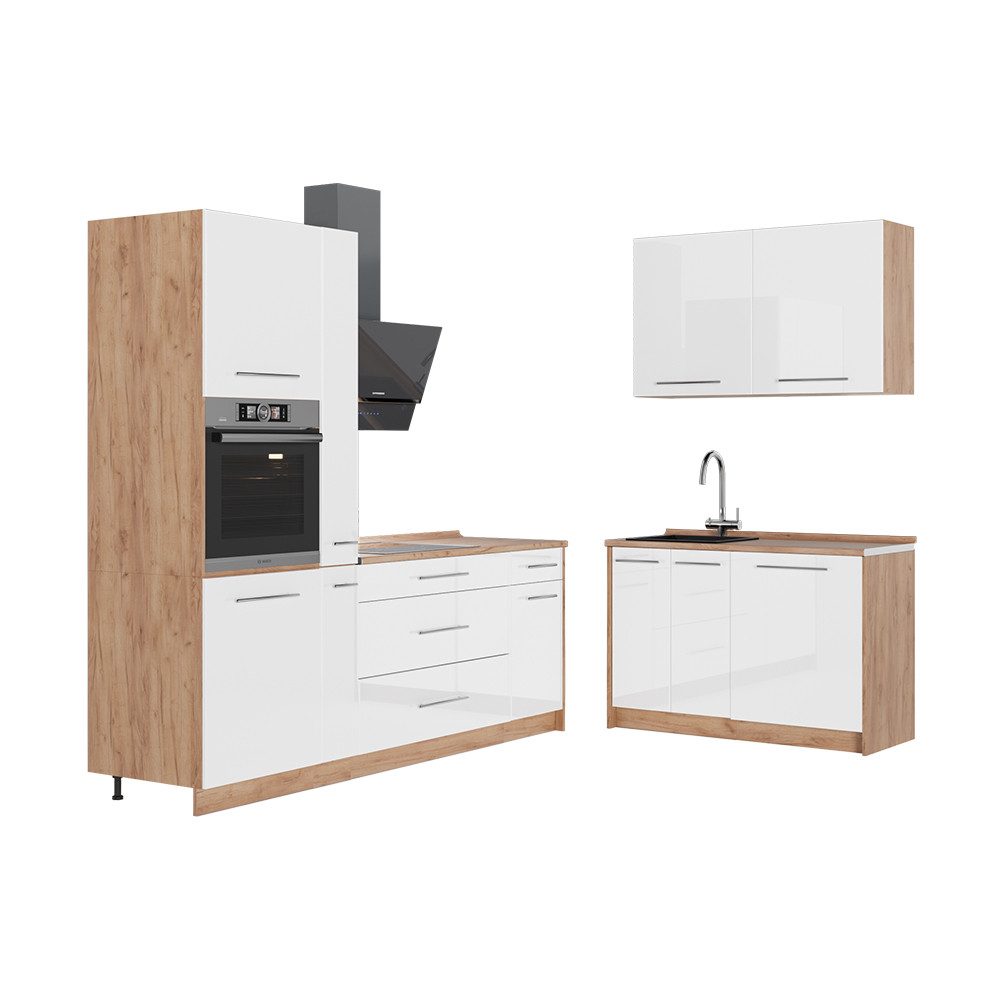 Vicco Winkelküche Fame-Line, Weiß Hochglanz/Goldkraft Eiche, 220 x 120 cm, AP Eiche