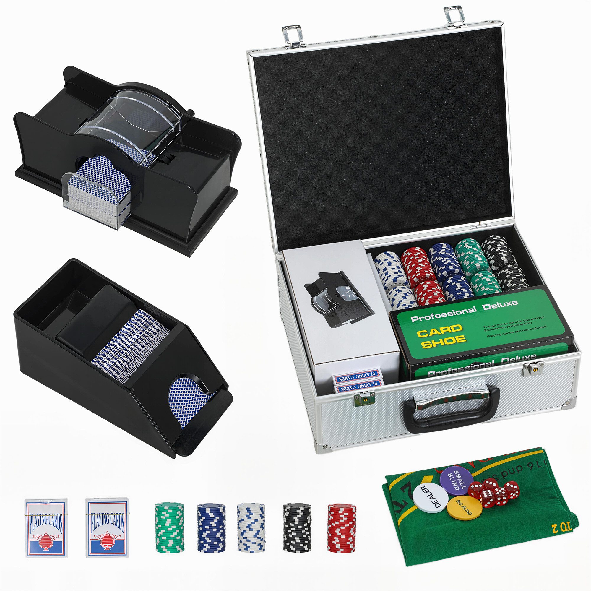 SPORTNOW Spiel mit Koffer, 300 Chips, Karten, 5 Würfel, Dealer, Button, Kartendecks, Strategiespiel, Aluminiumkoffer für Texas Hold'em, Blackjack