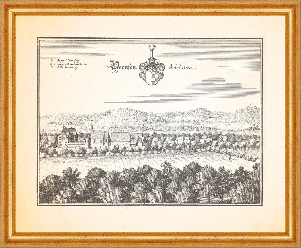 Kunstdruck Deensen Adelssitz Rittergut Wasserburg Herrenhaus Dorfkirche Merian 04