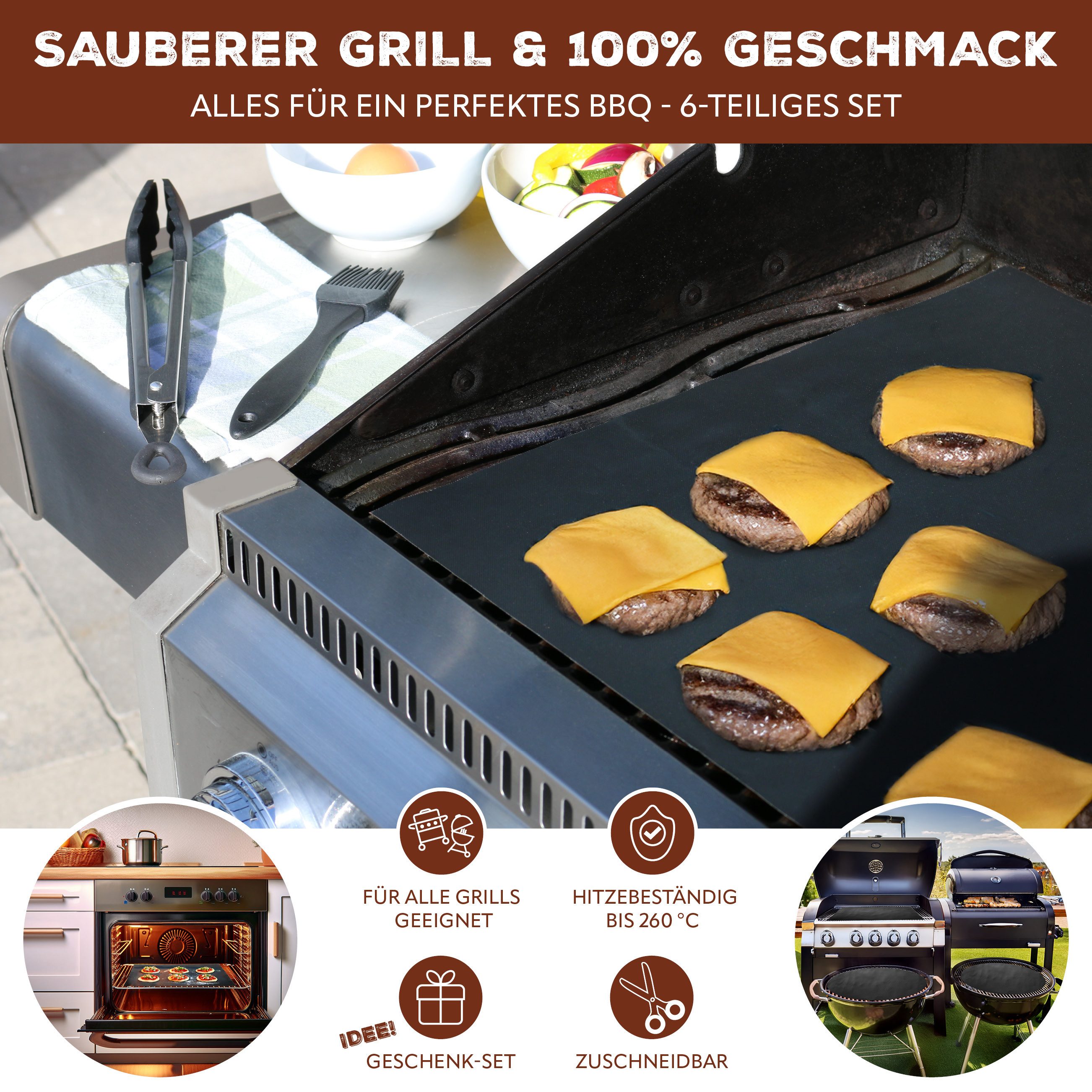 bremermann Backmatte Grillmatten-Set 6tlg. inkl. Zange und Pinsel // Matte 50 x 40 cm, PTFE-Glasfasergewebe (4-tlg), inkl. Pinsel und Zange