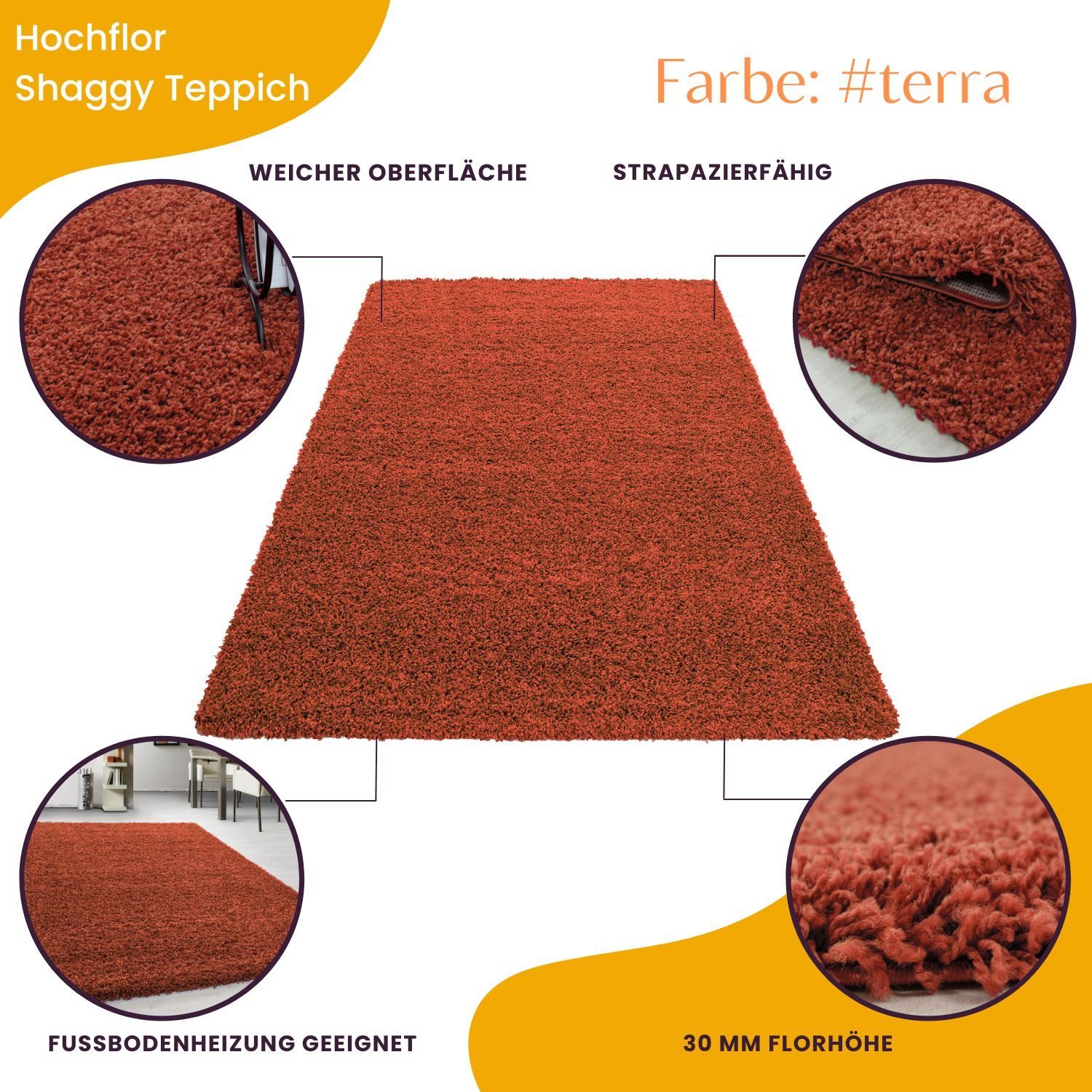 Teppium Teppich Unicolor - Einfarbig, Rechteckig, Höhe: 30 mm, Einfarbig Shaggy Teppich Wohnzimmer Langflor versch. farben und größen