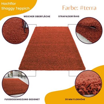 Teppich Unicolor - Einfarbig, Teppium, Rechteckig, Höhe: 30 mm, Teppich Wohnzimmer Shaggy Einfarbig Terrakotta Modern Flauschig Weiche