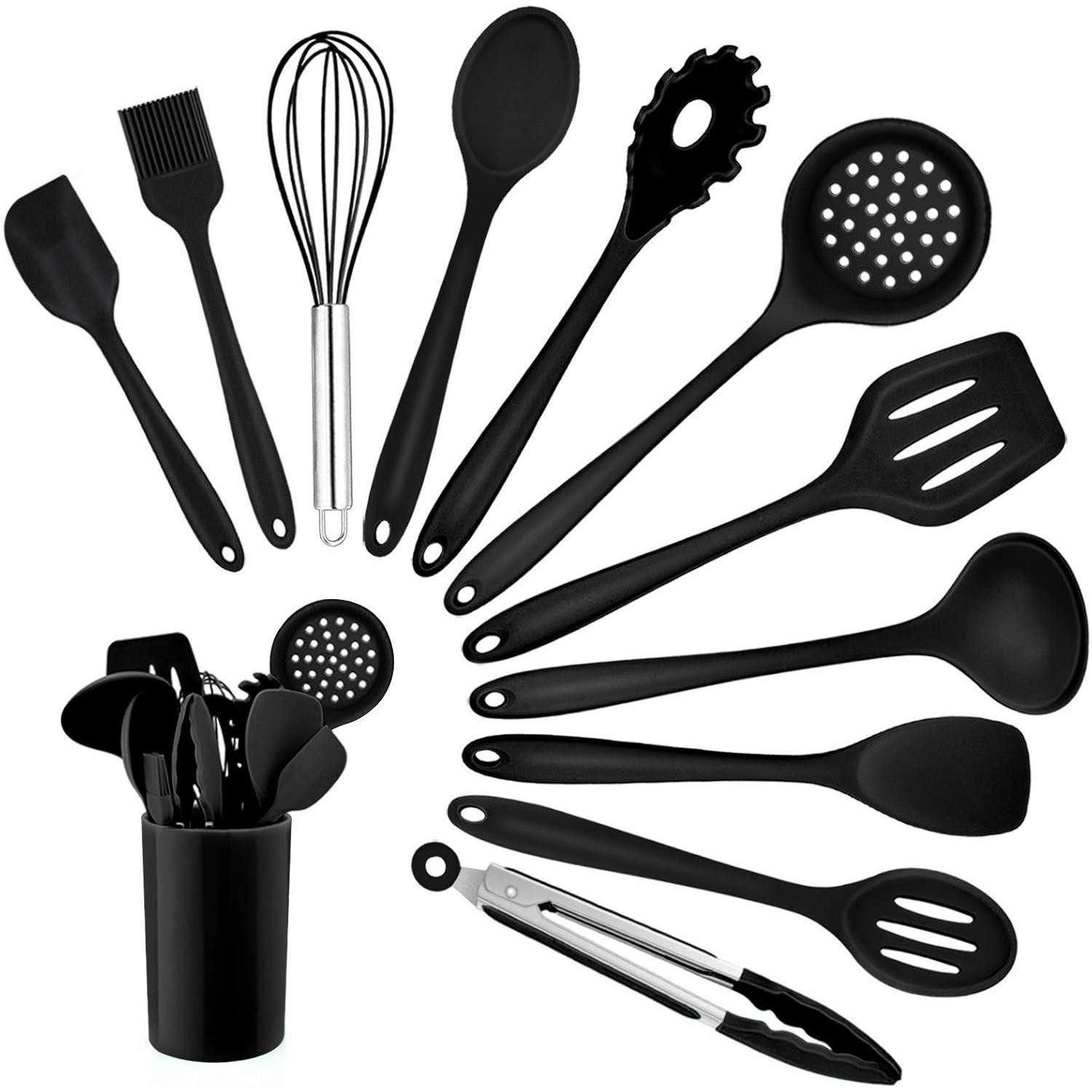 Kochbesteck-Set Küchenhelfer Silikon Set 12 Kochutensilien Utensilienhalter Schwarz