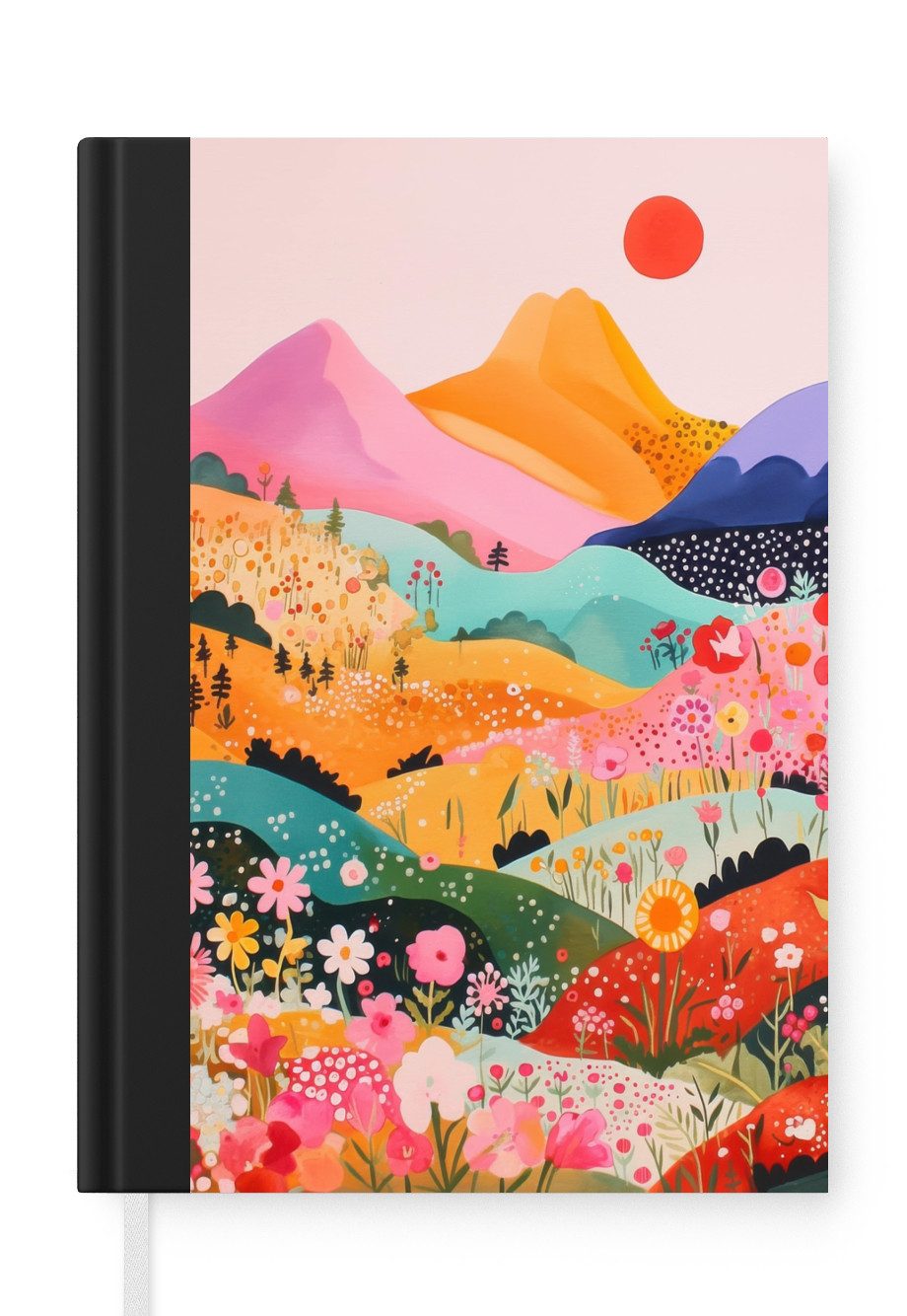 MuchoWow Notizbuch Bunte Blumen - Berge - Fantasielandschaft, Notebook, Notizblock a5, Tagebuch, Journal Liniert