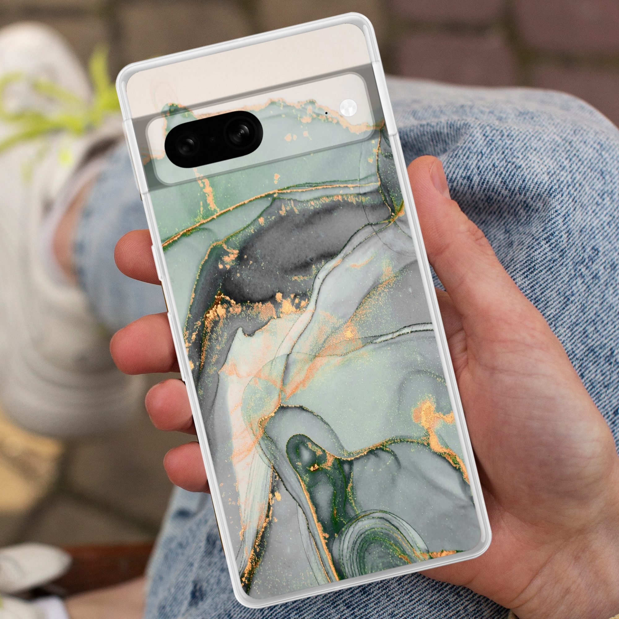 MuchoWow Handyhülle für Google Pixel 7 Gold - Marmor - Grün - Luxus - Glitzer - Marmoropti, Phone Case, Silikon, Schutzhülle Dünn