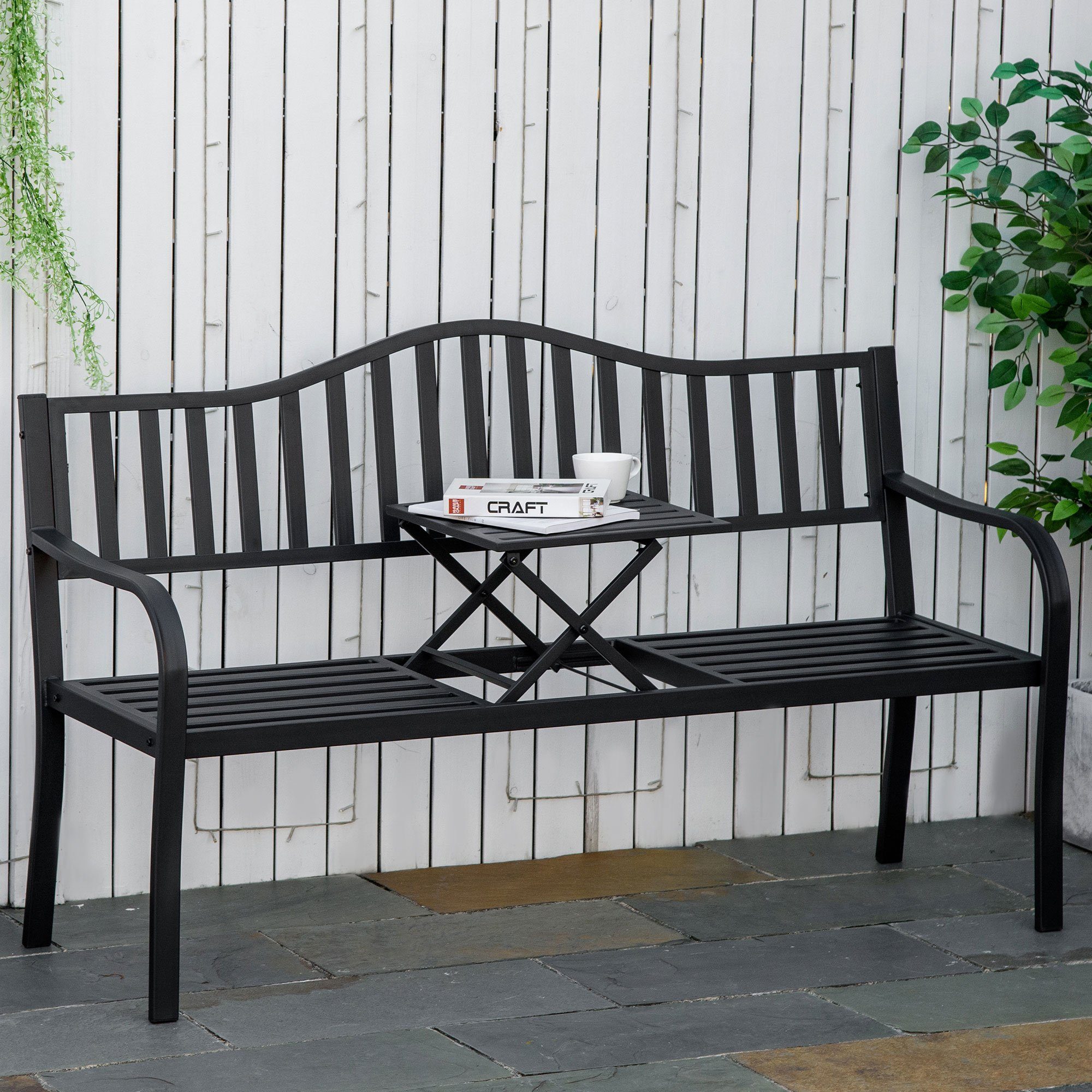 Outsunny Gartenbank Terrassenbank mit Rücken- & Armlehnen, Gartenmöbel (Sitzbank, 1-St., Parkbank), für Garten, Schwarz