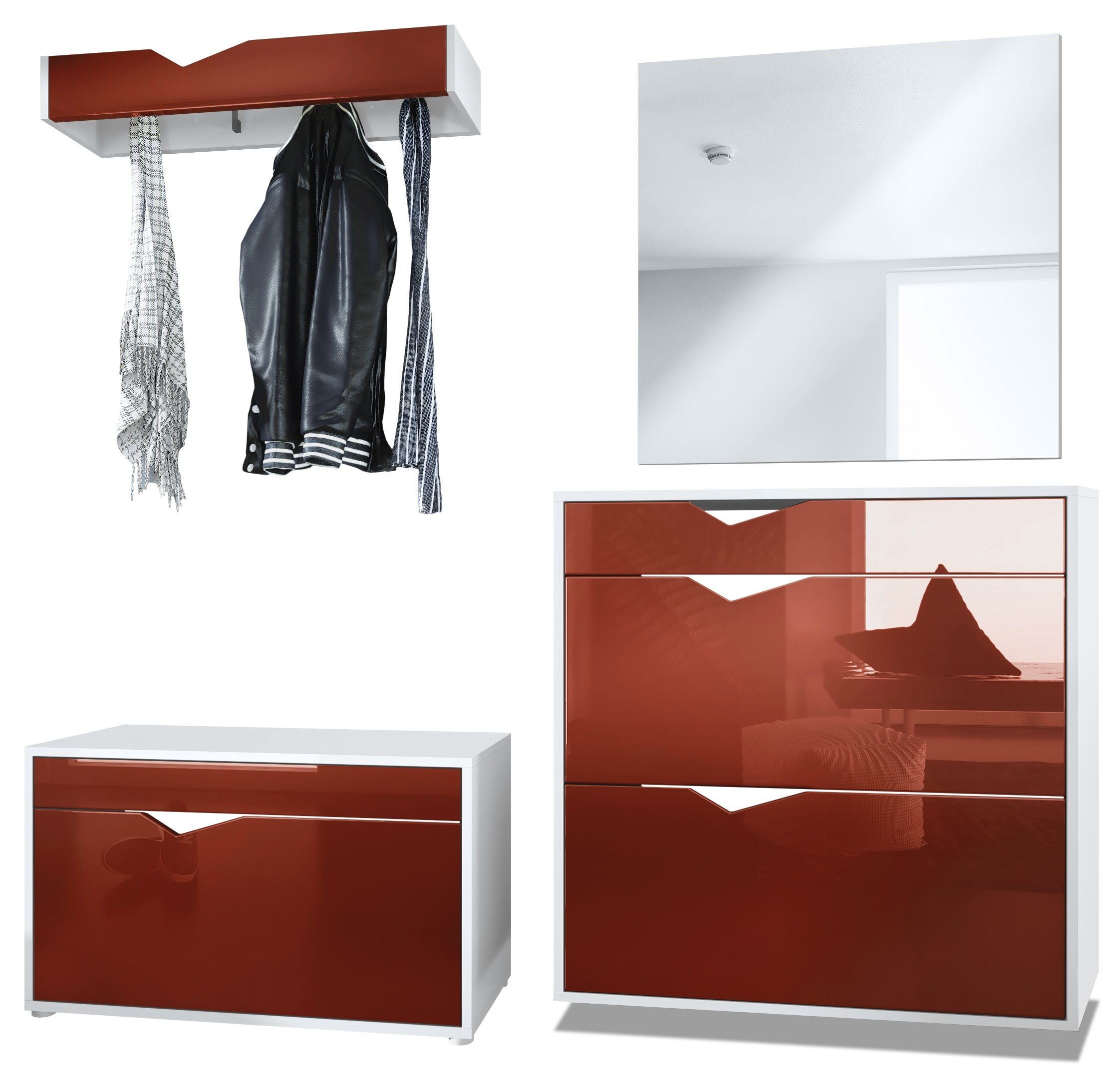 Vladon Garderoben-Set Kolmio, (Garderobenset bestehend aus 1 Schuhschrank, 1 Schuhbank, 1 Spiegel und 1 Wandgarderobe), Weiß matt/Bordeaux Hochglanz (190 x 185 x 33 cm)